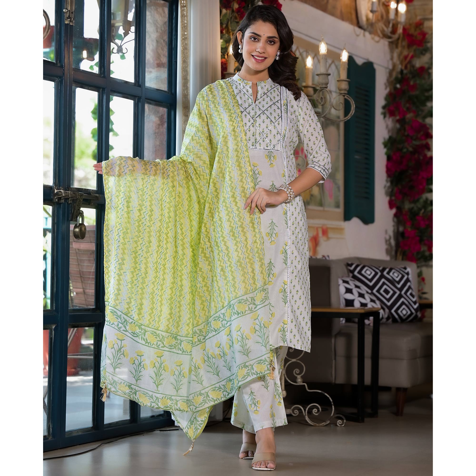 White & Lemon Yellow Floral Printed Pure Cotton Salwar Suit