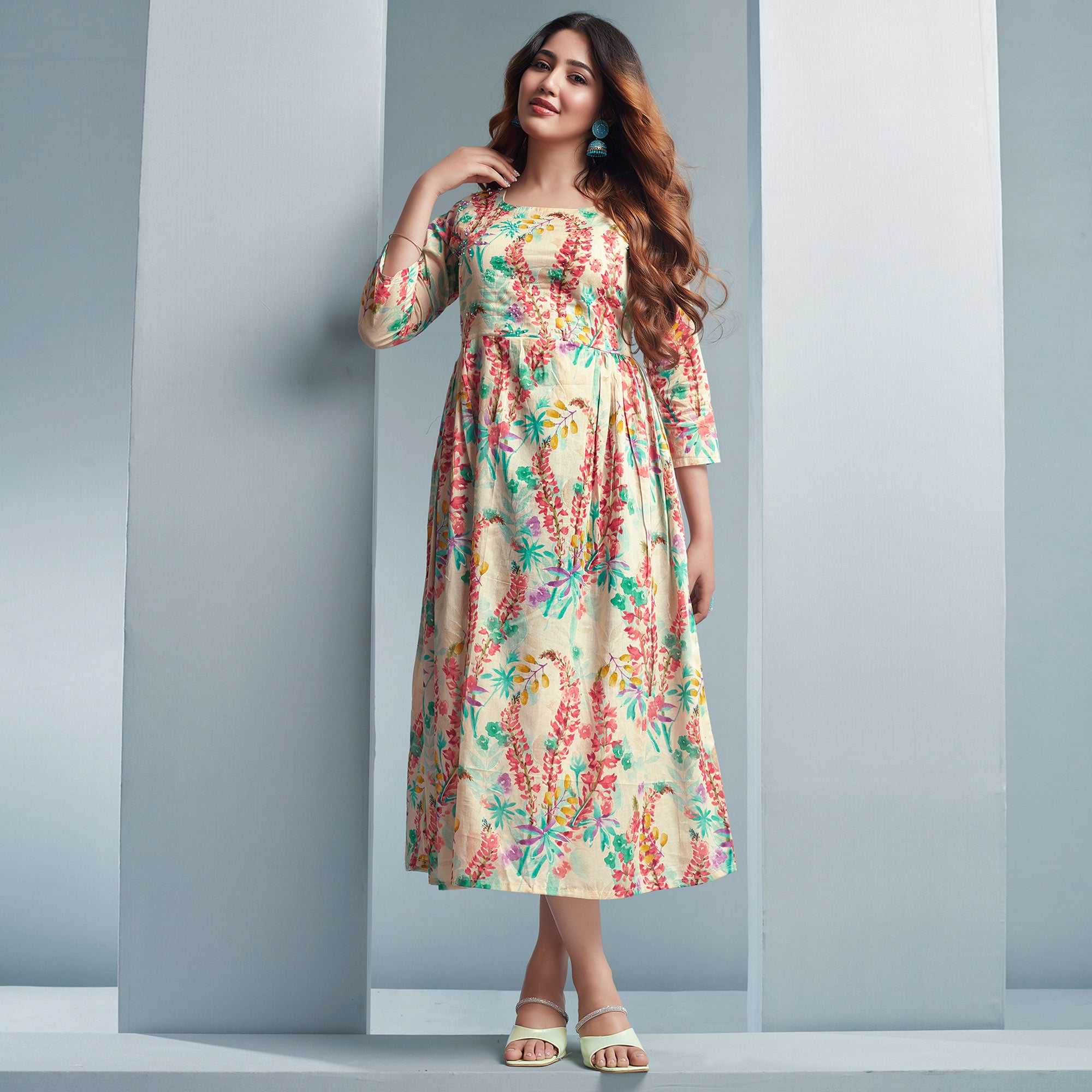 Off White Floral Printed Mulmul Cotton Dress