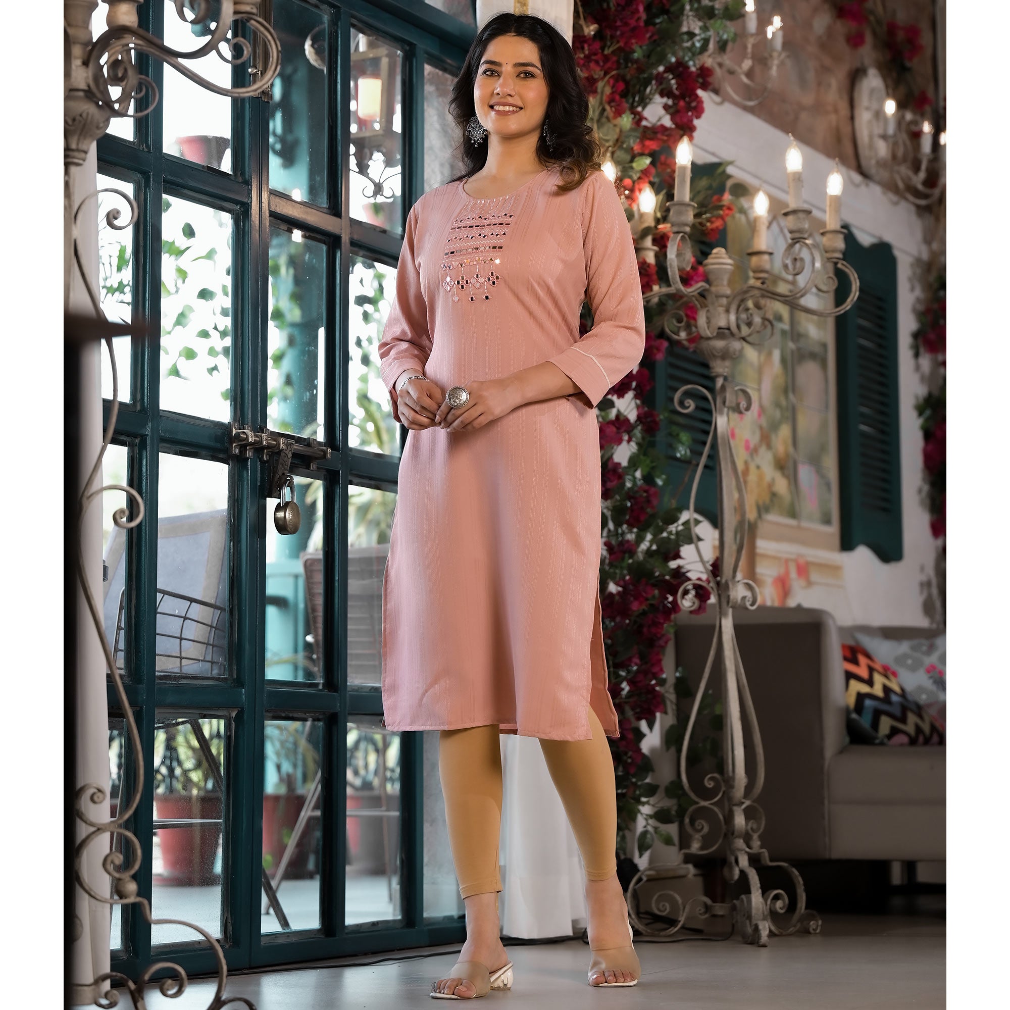 Peach Striped Embroidered Rayon Straight Kurti