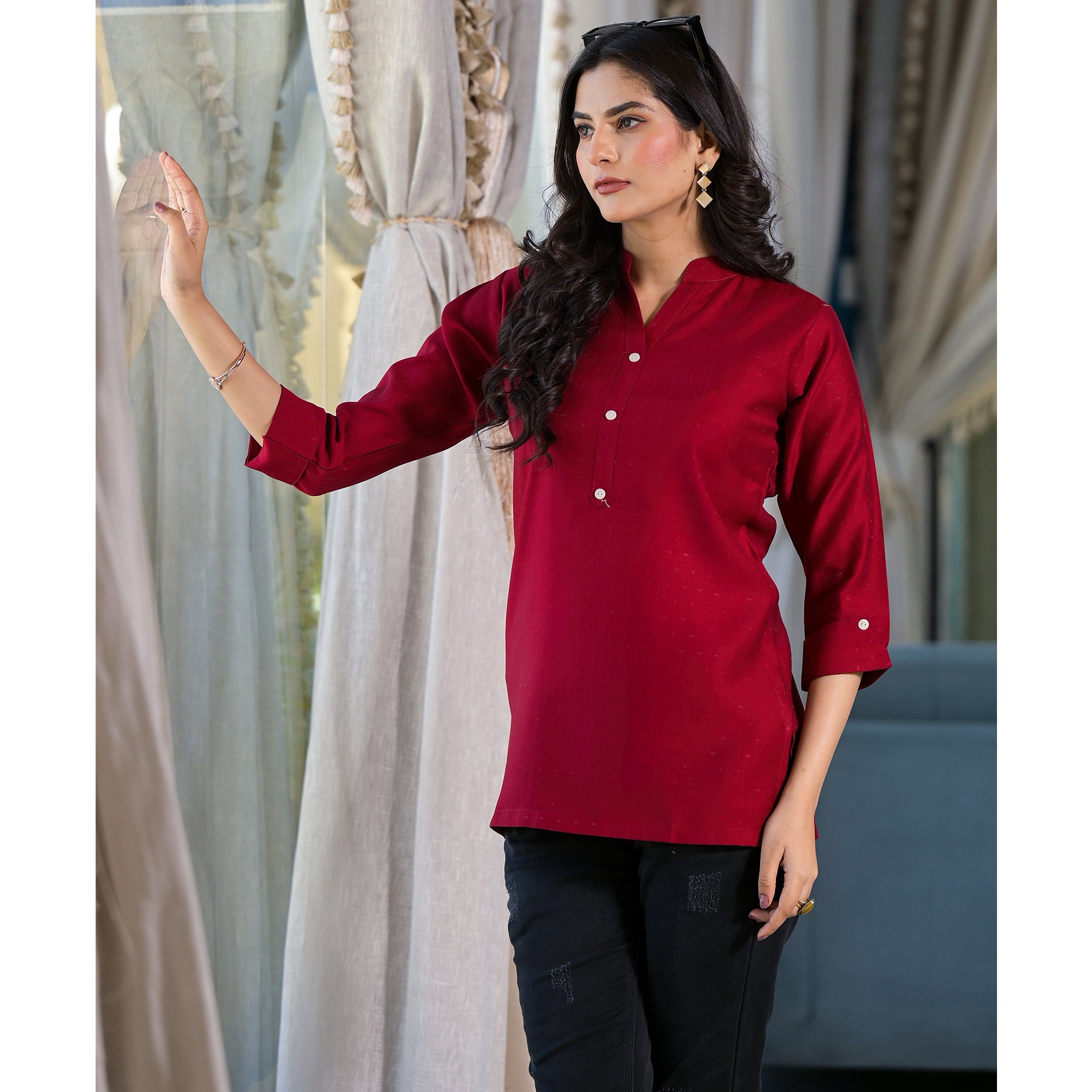 Maroon Solid Cotton Silk Straight Top