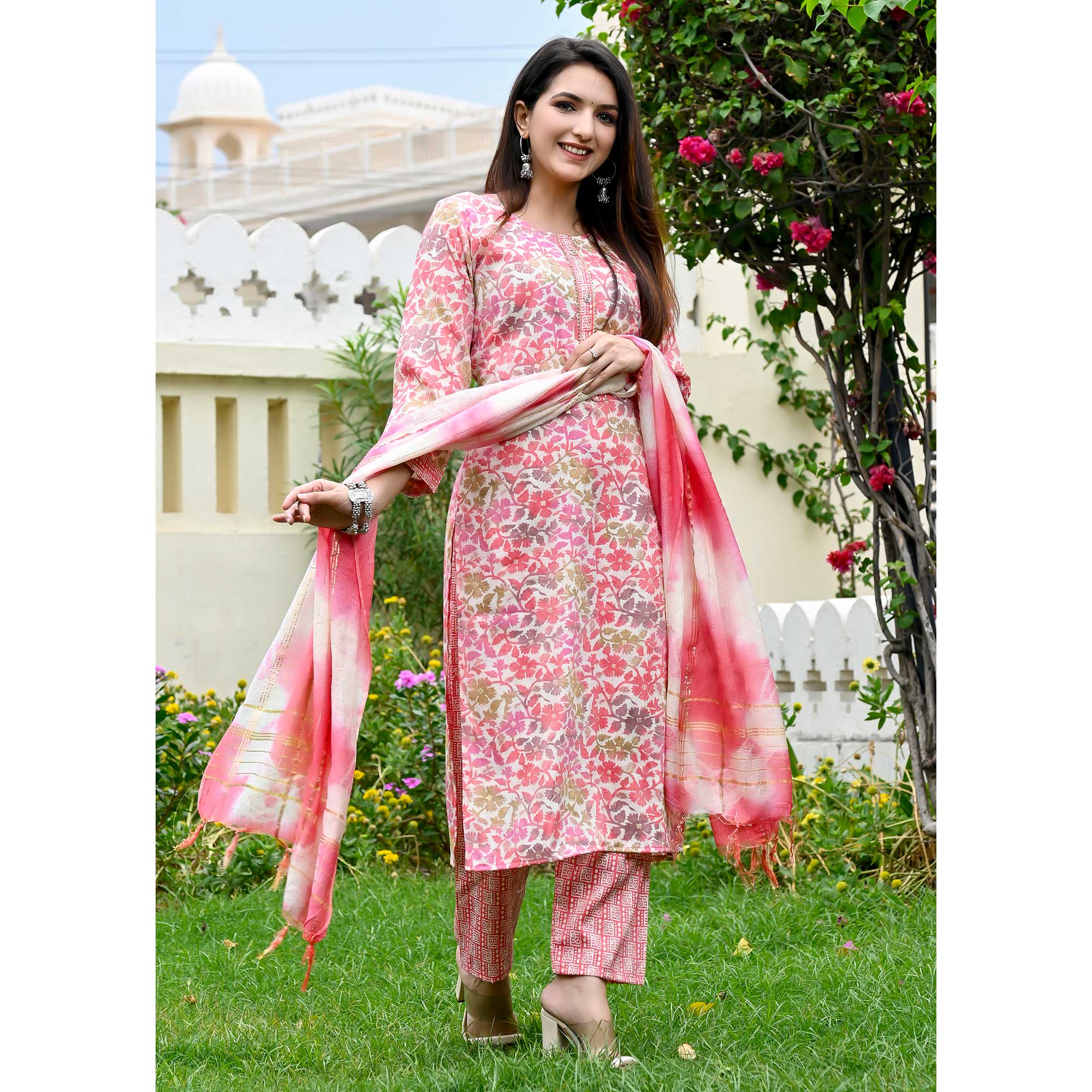 Pink Floral Printed Rayon Salwar Suit