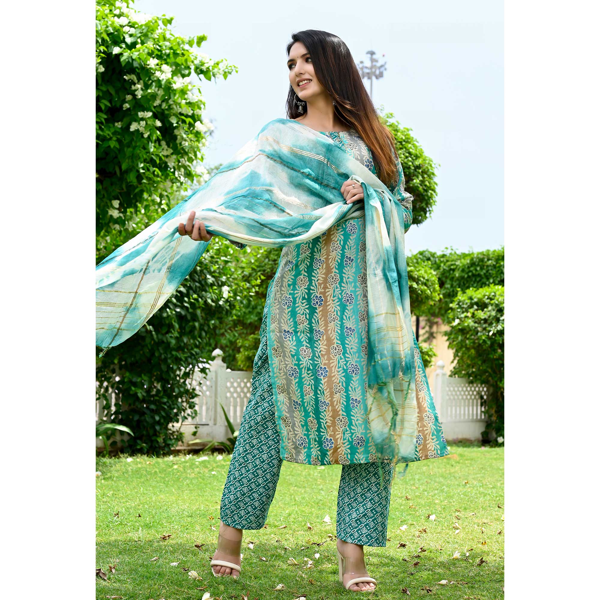 Turquoise Floral Printed Rayon Salwar Suit