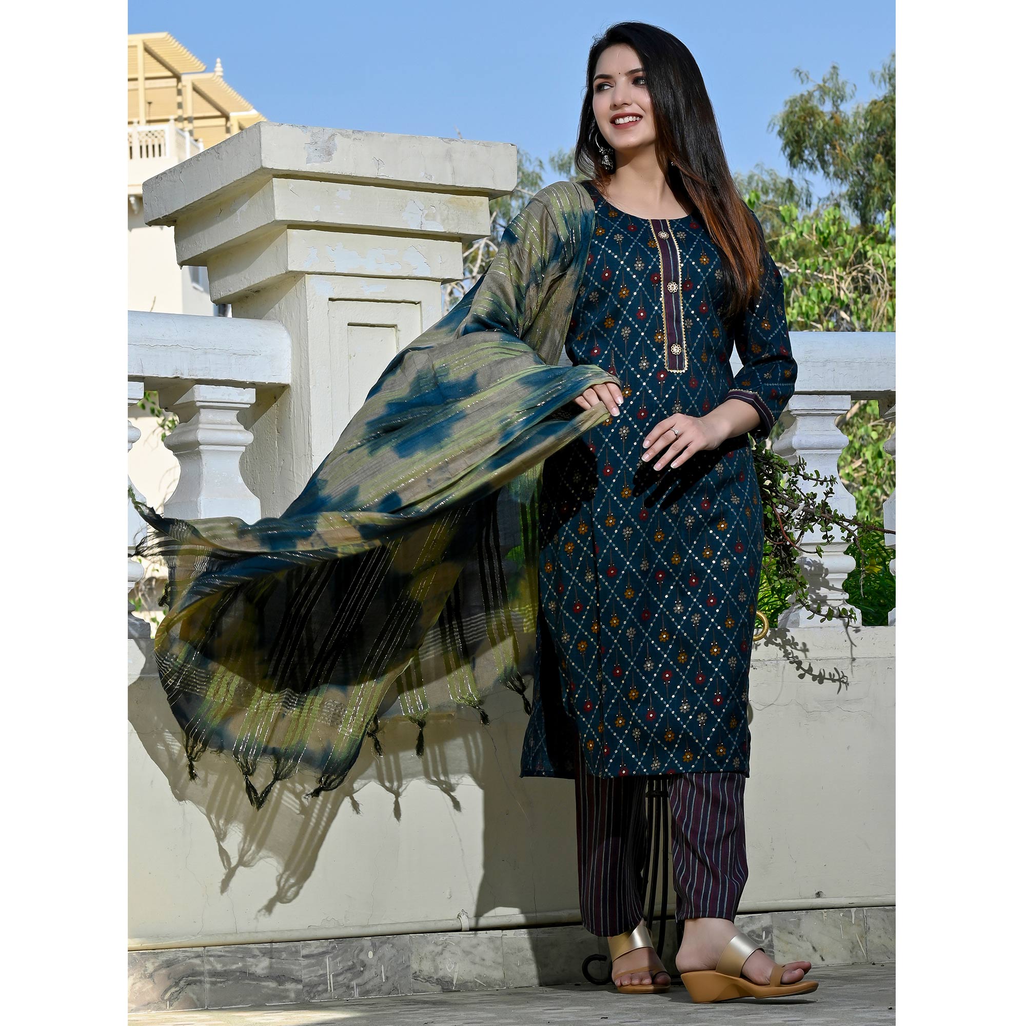 Blue Foil Printed Rayon Suit