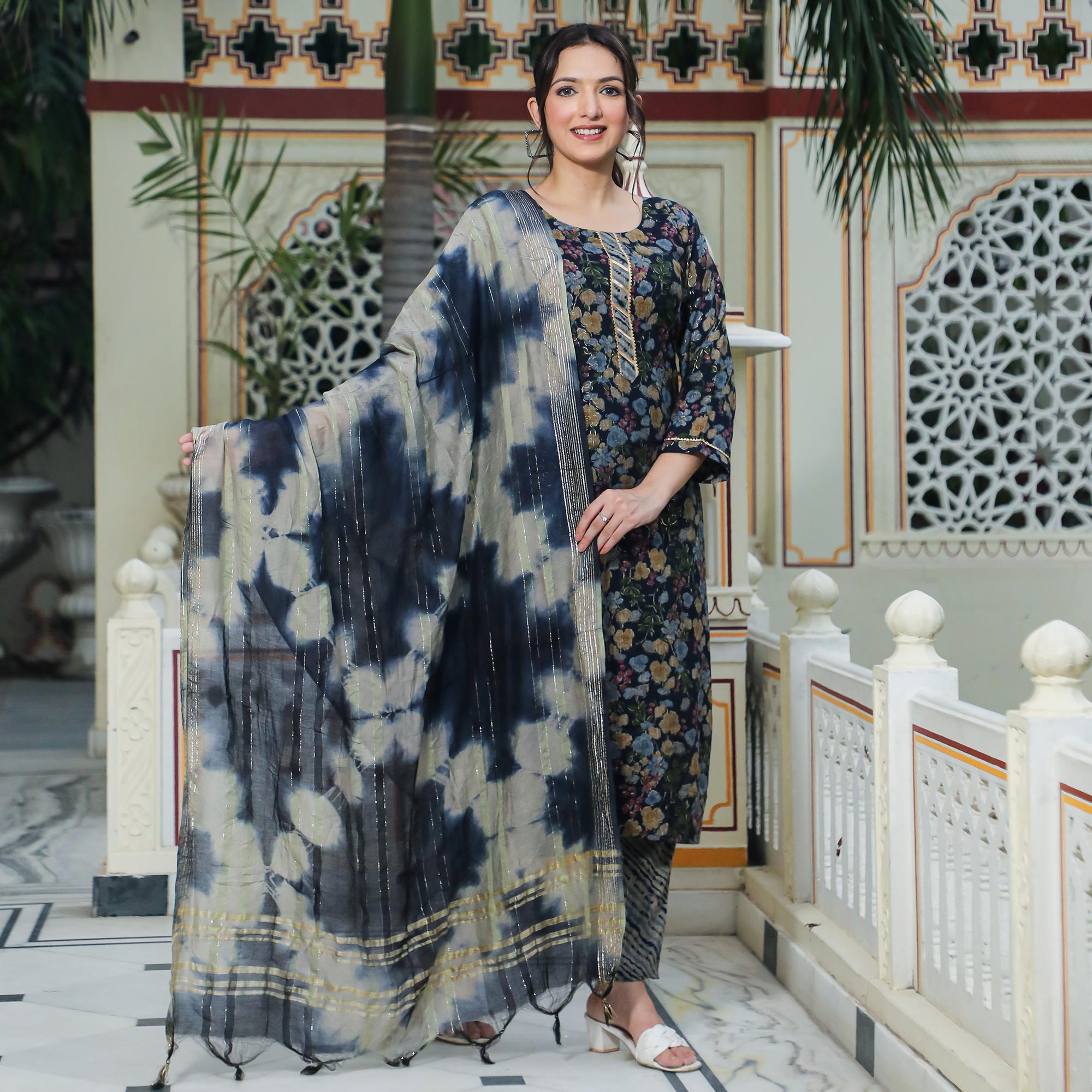 Navy Blue Foil Printed Rayon Suit