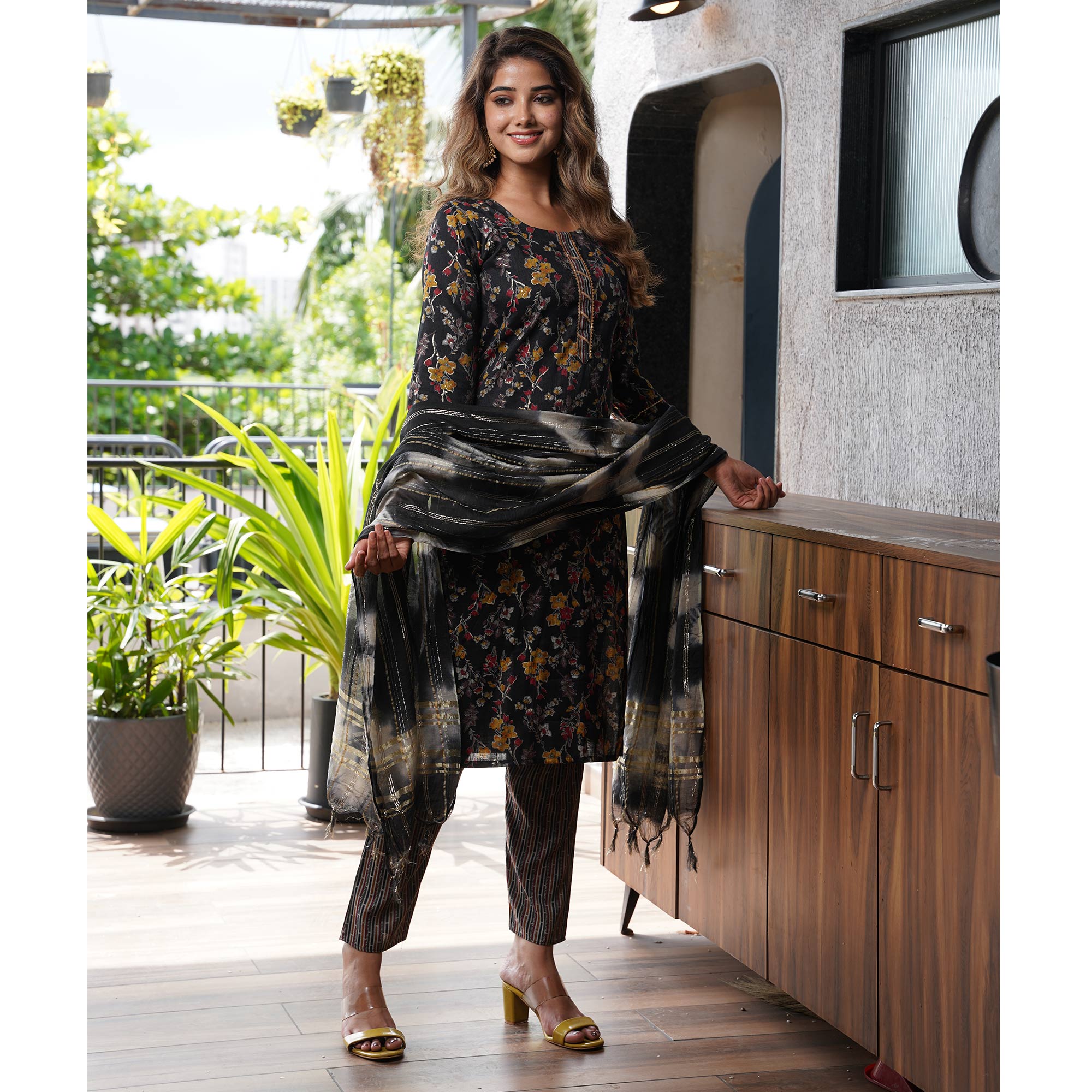 Black Floral Foil Printed Rayon Salwar Suit