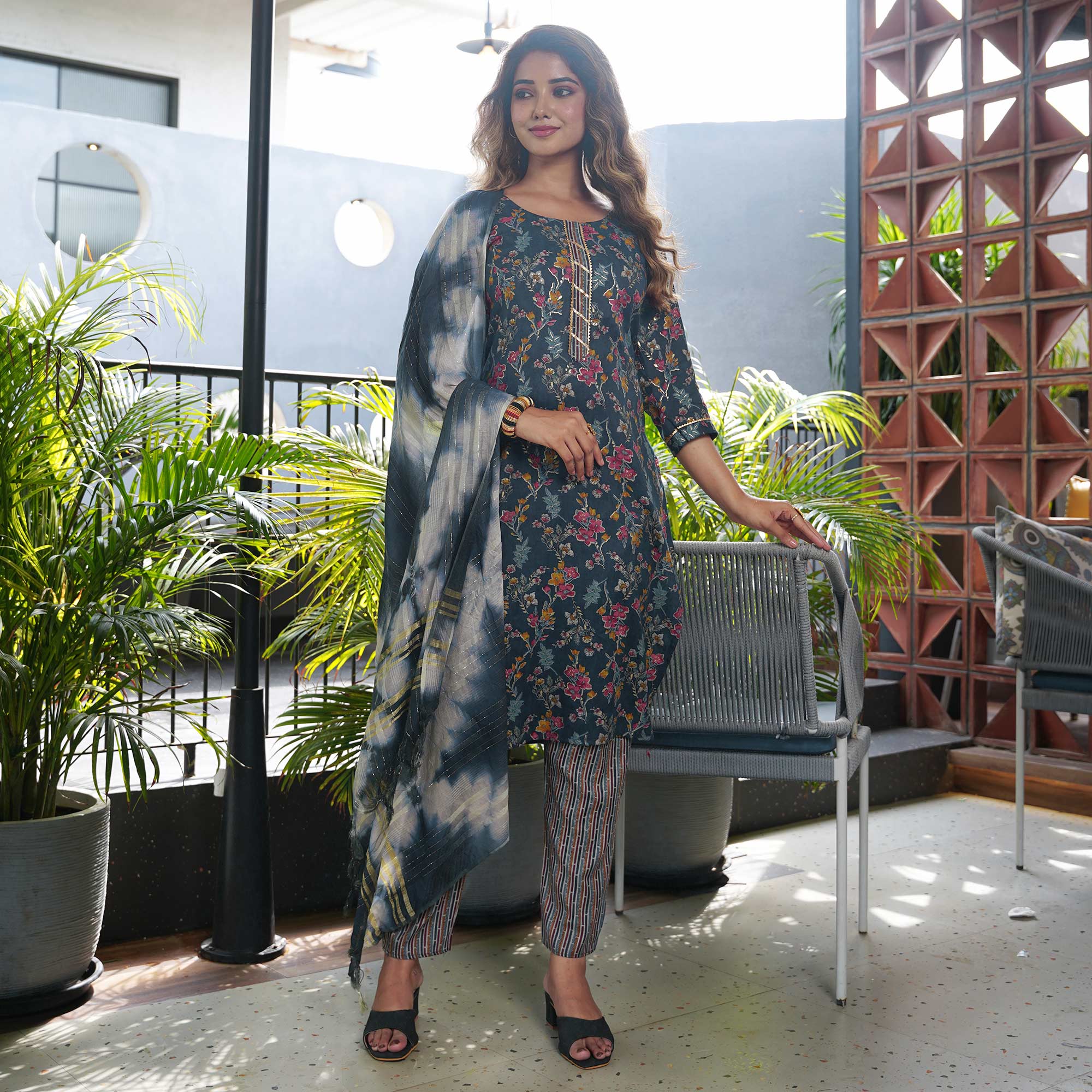 Blue Floral Foil Printed Rayon Salwar Suit