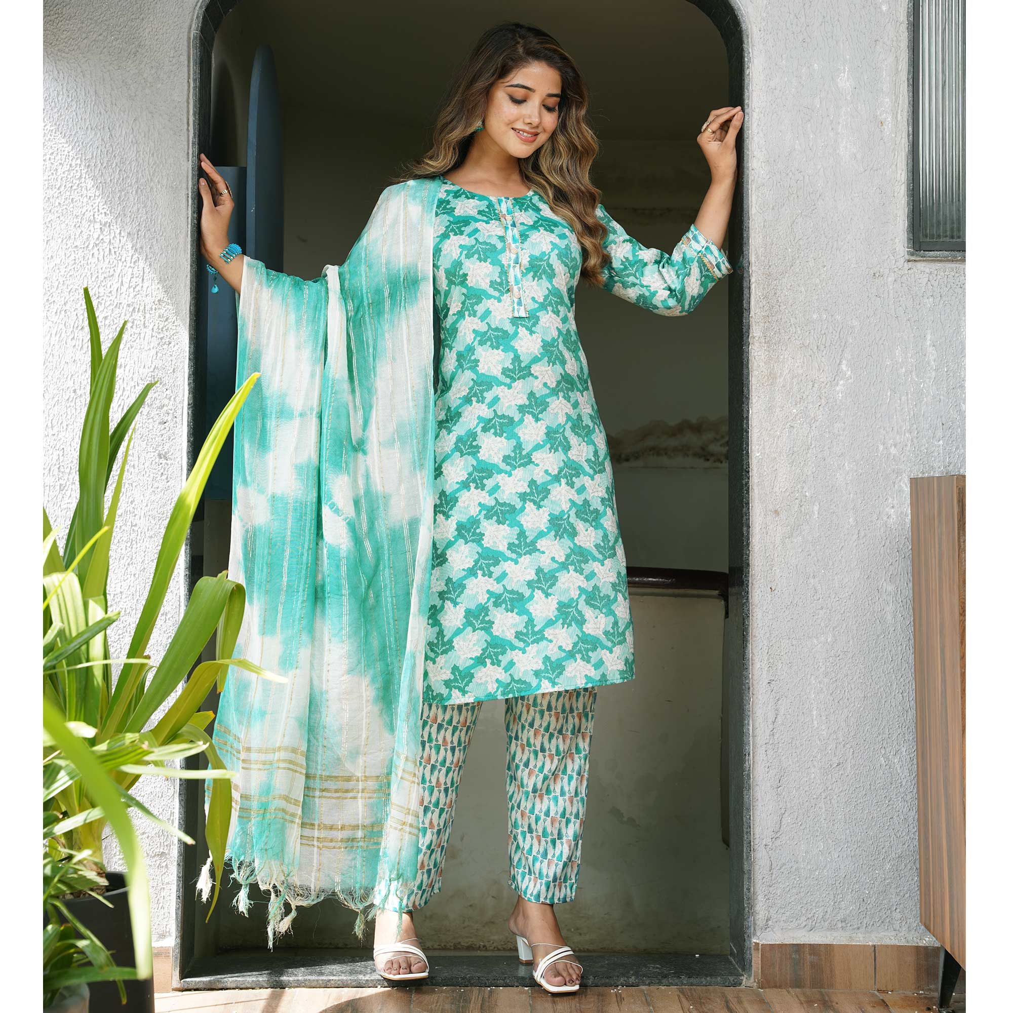 Turquoise Foil Printed Rayon Salwar Suit