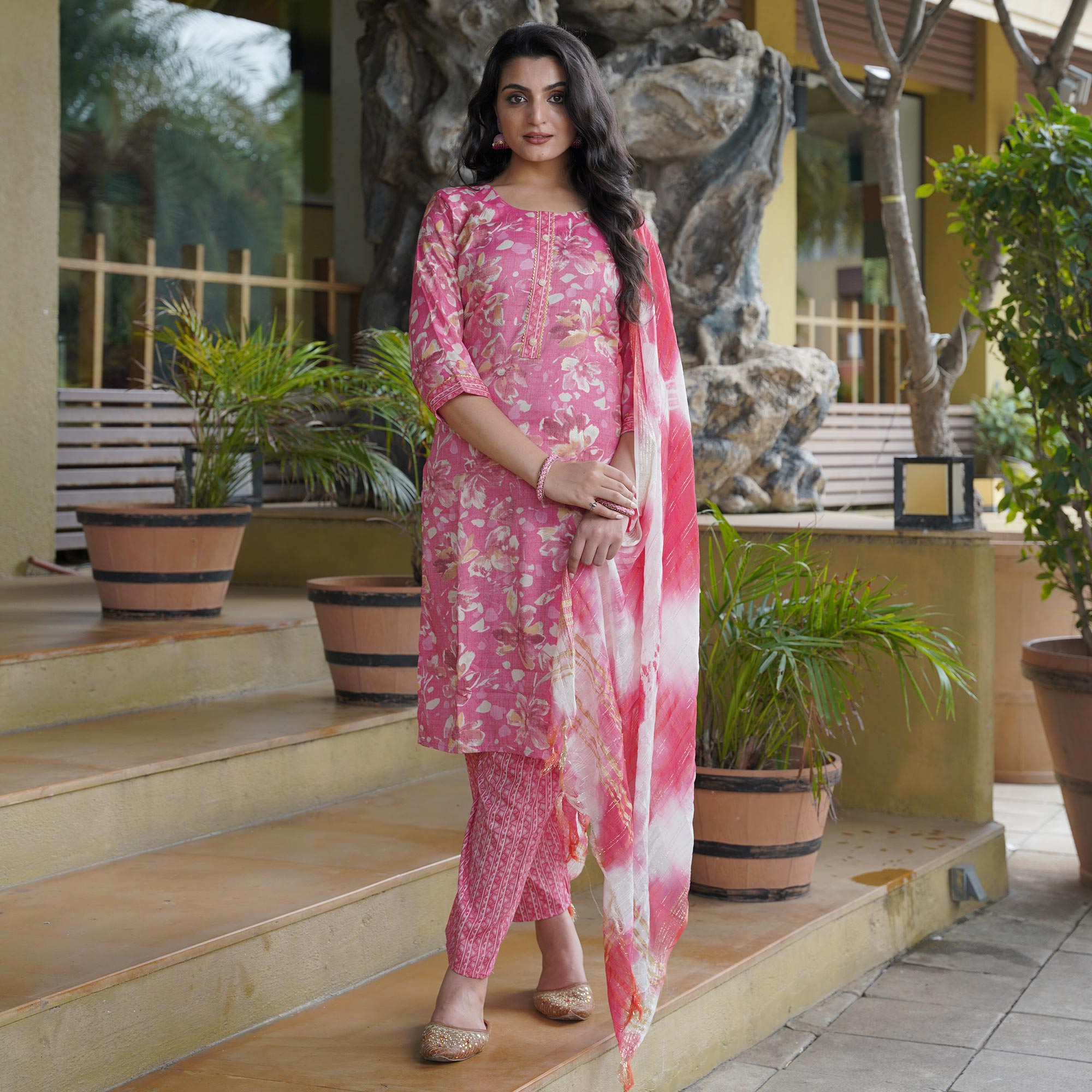 Pink Foil Printed Rayon Suit