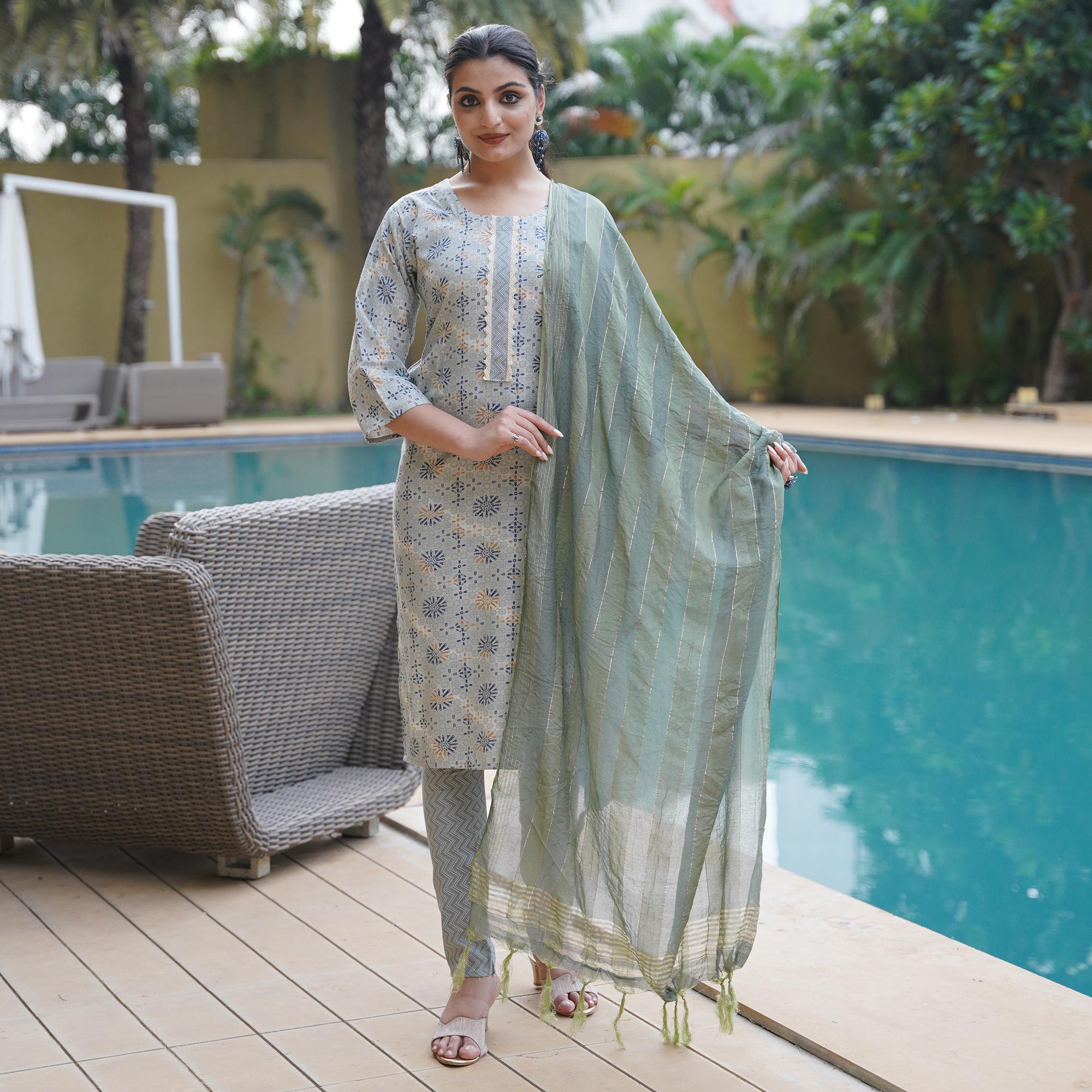 Grey Foil Printed Rayon Suit