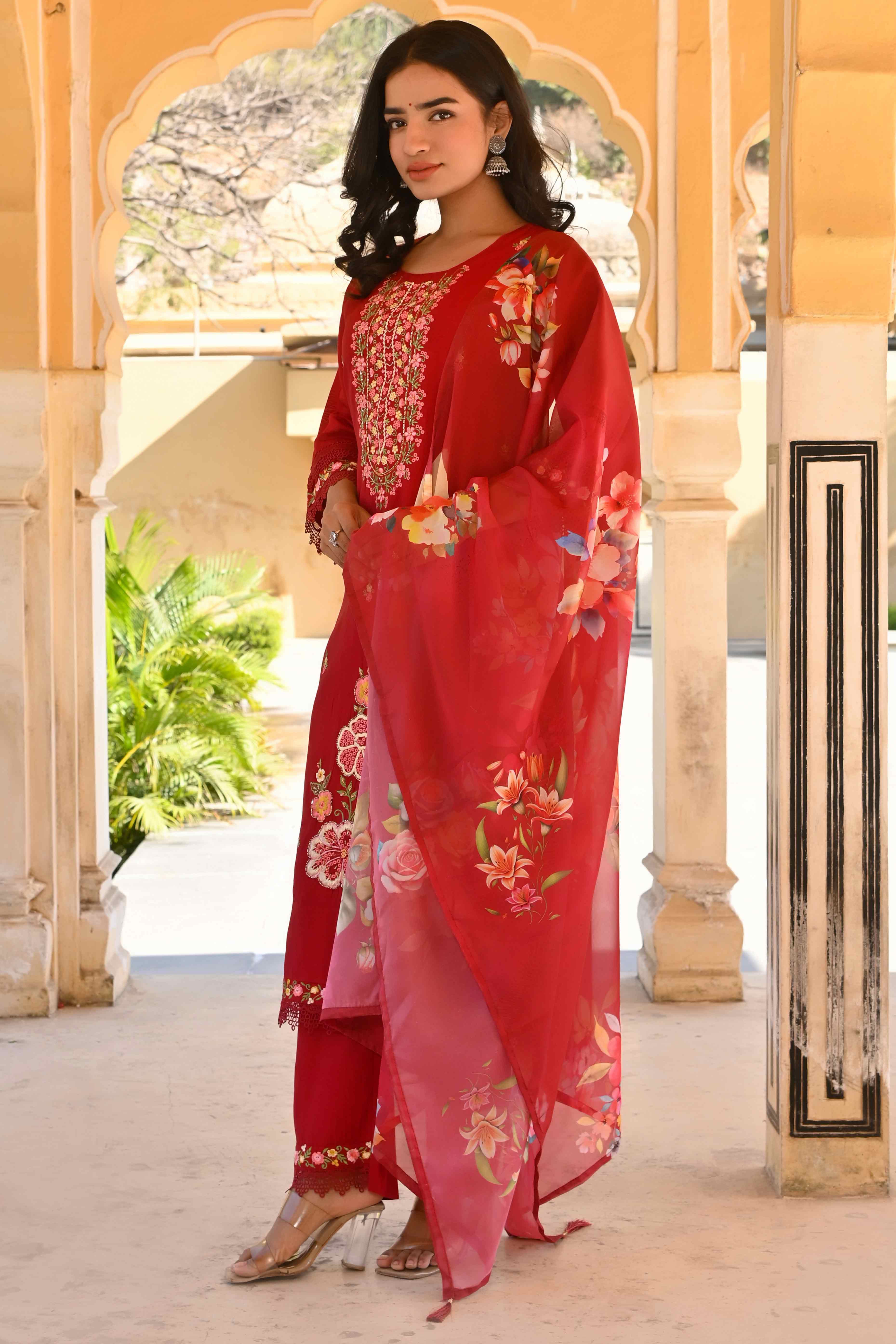 Maroon Floral Embroidered Chanderi Silk Salwar Suit