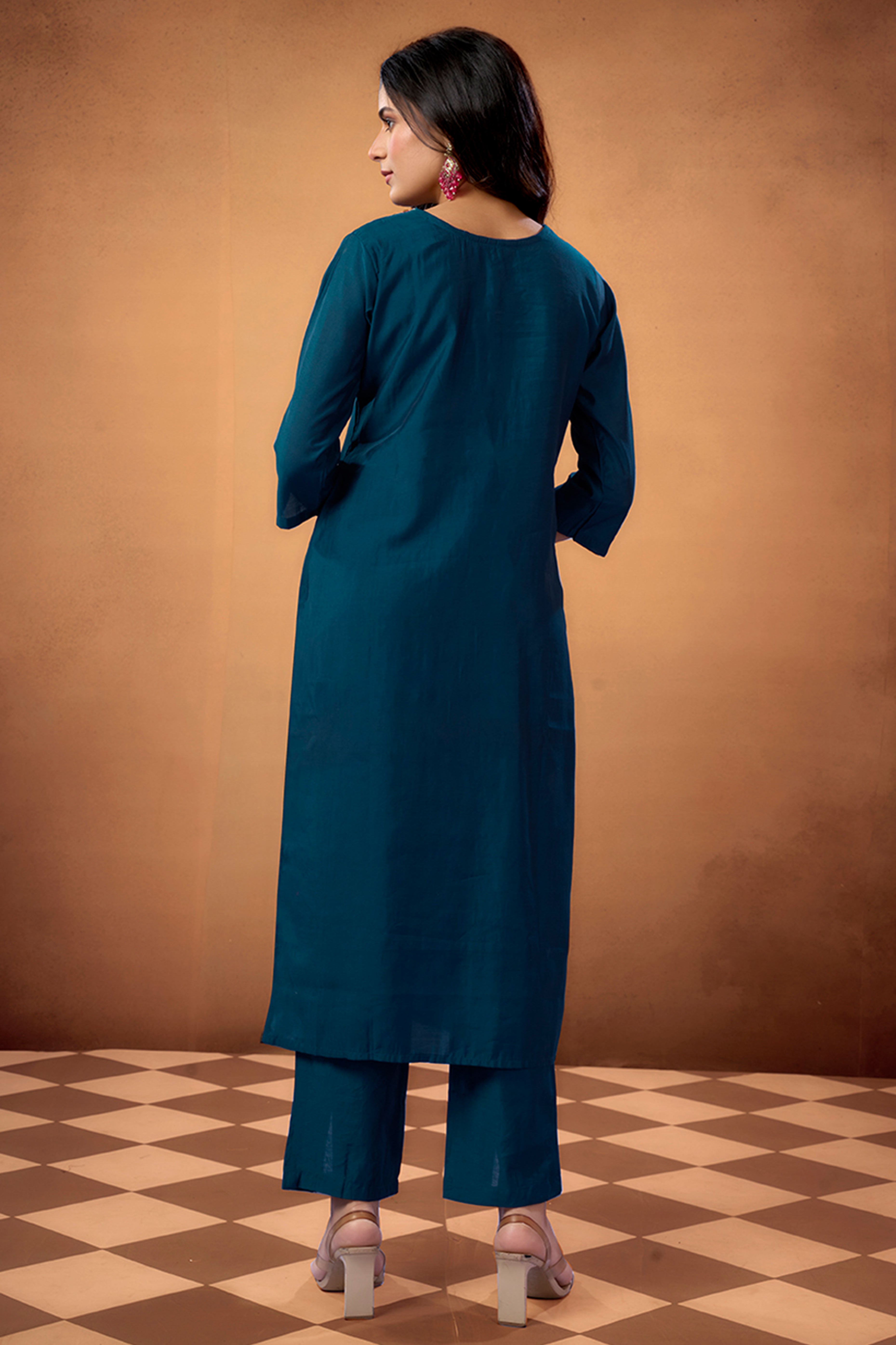 Blue Sequins Embroidered Chanderi Silk Straight Salwar Suit