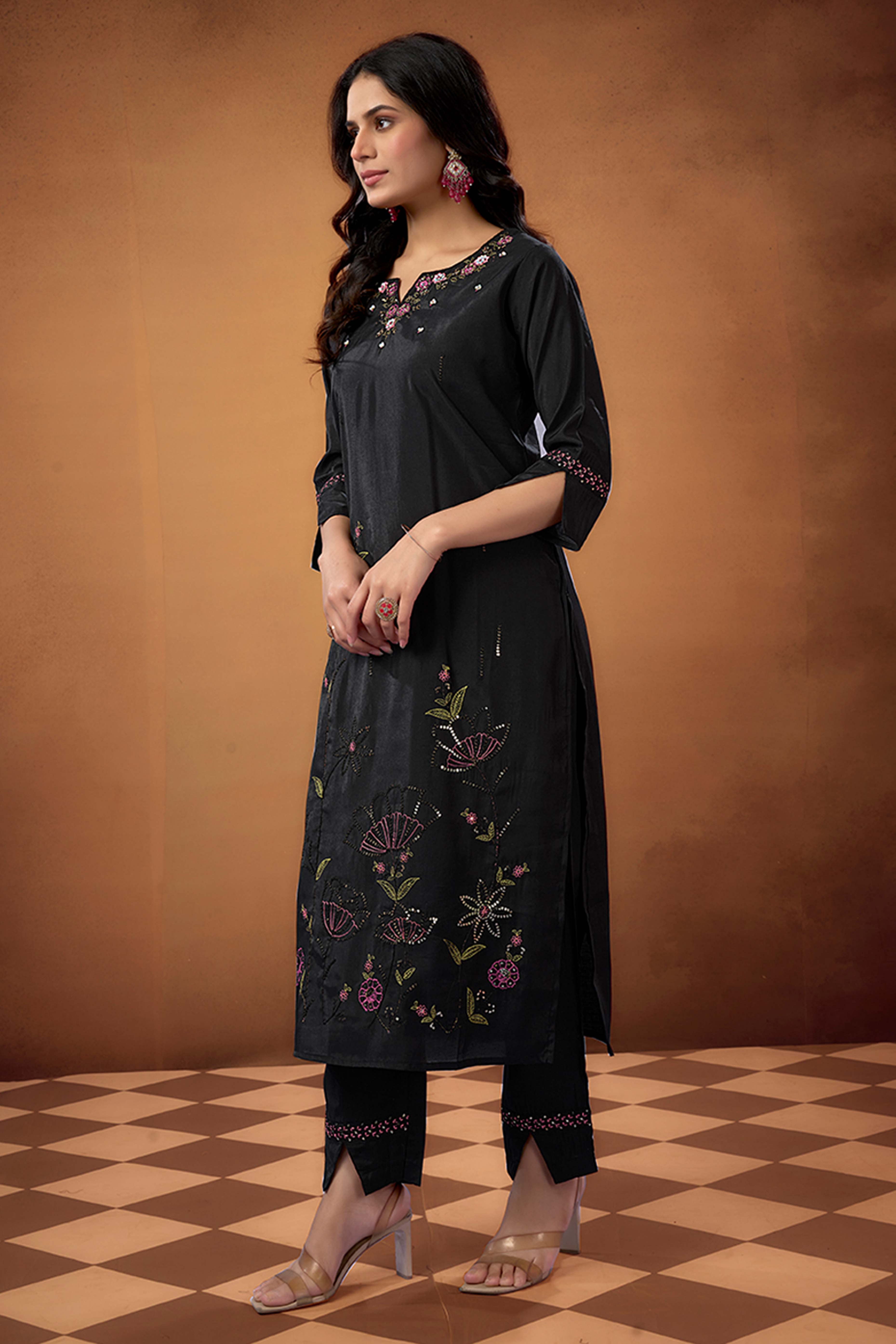 Black Sequins Embroidered Chanderi Silk Straight Salwar Suit