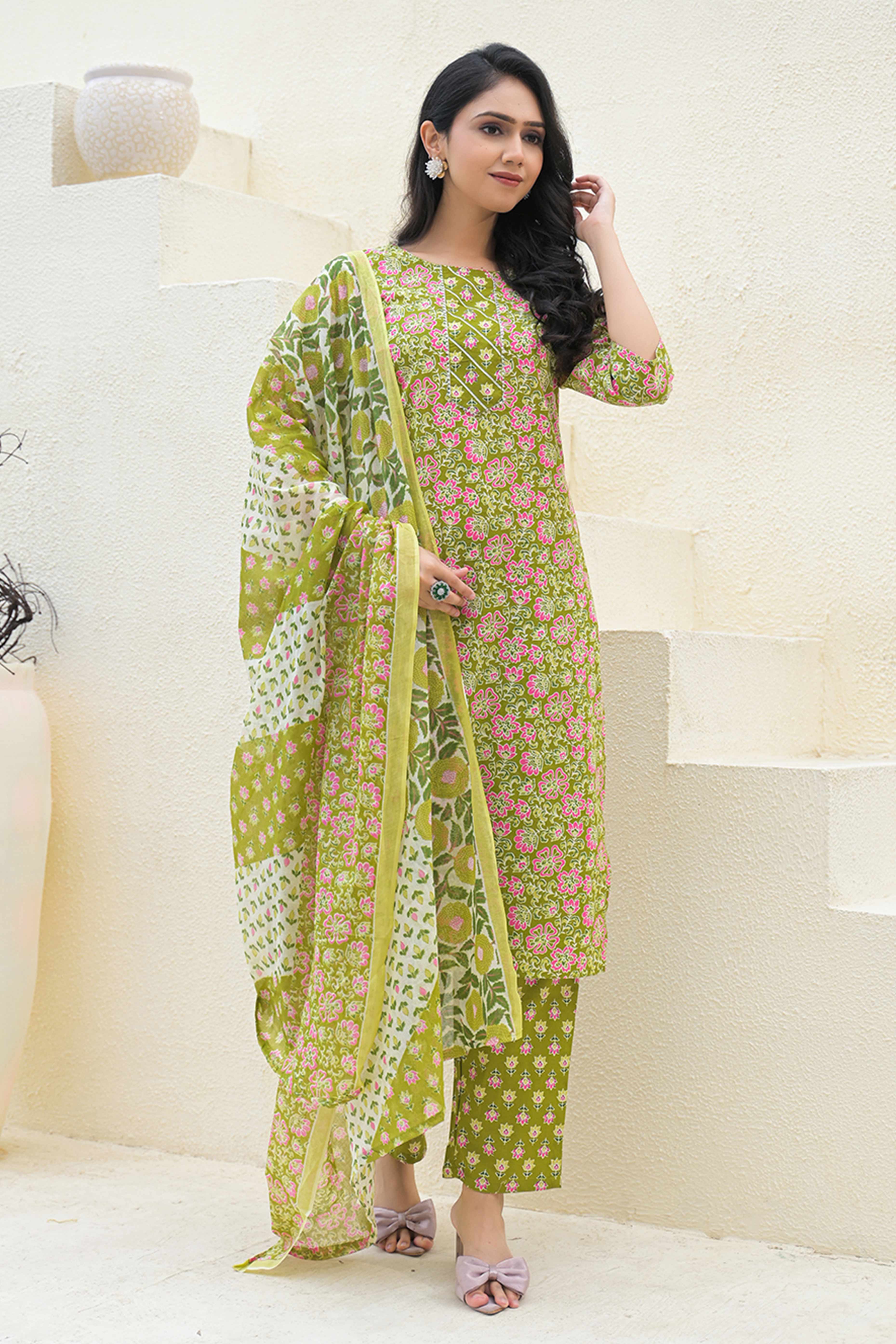 Olive Floral Printed Pure Cotton Suit in a Straight Silhouette for Everyday Ease