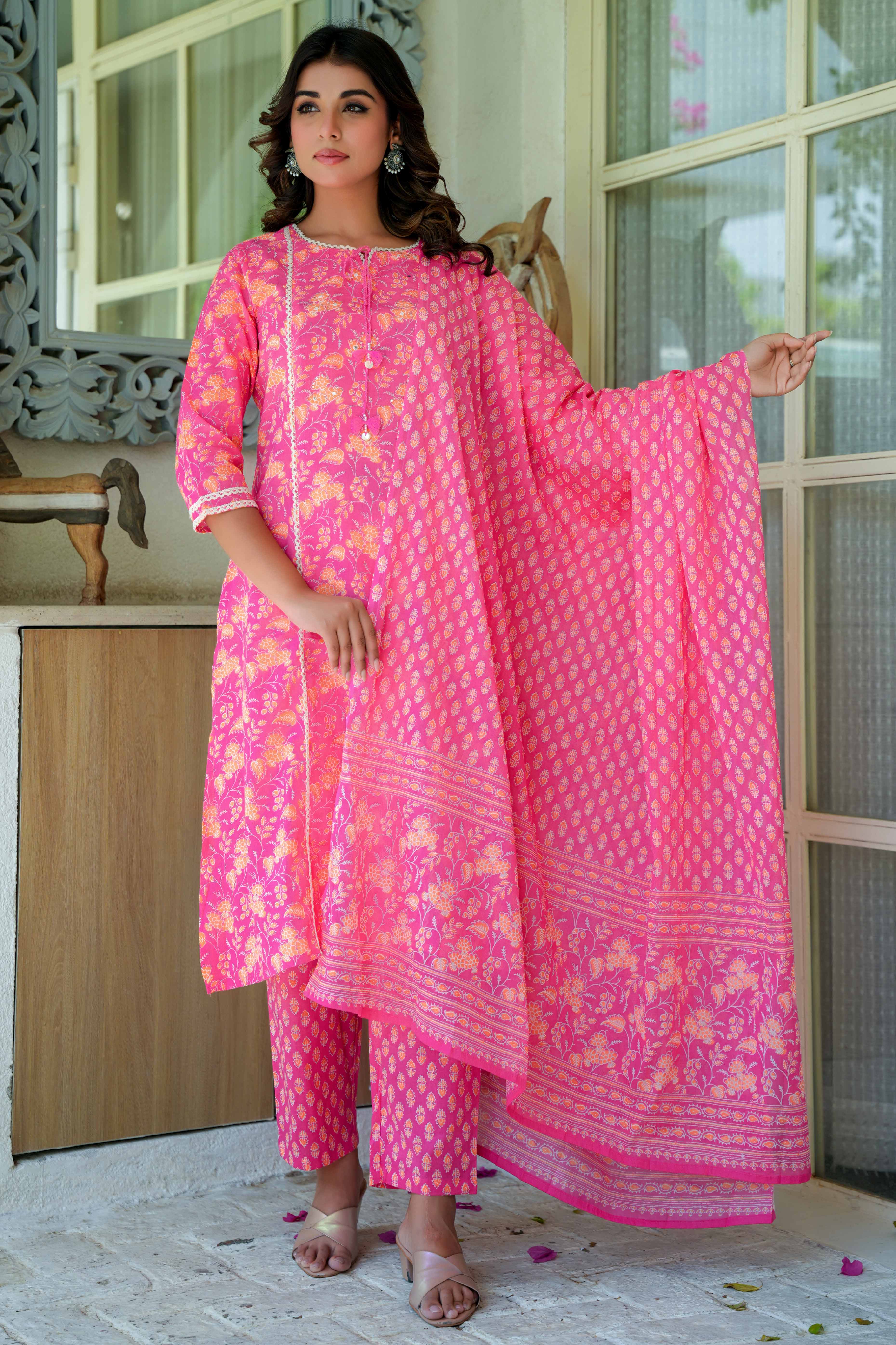 Pure Cotton Pink Floral Printed Straight Salwar Suit for the Perfect Blend of Comfort and Style