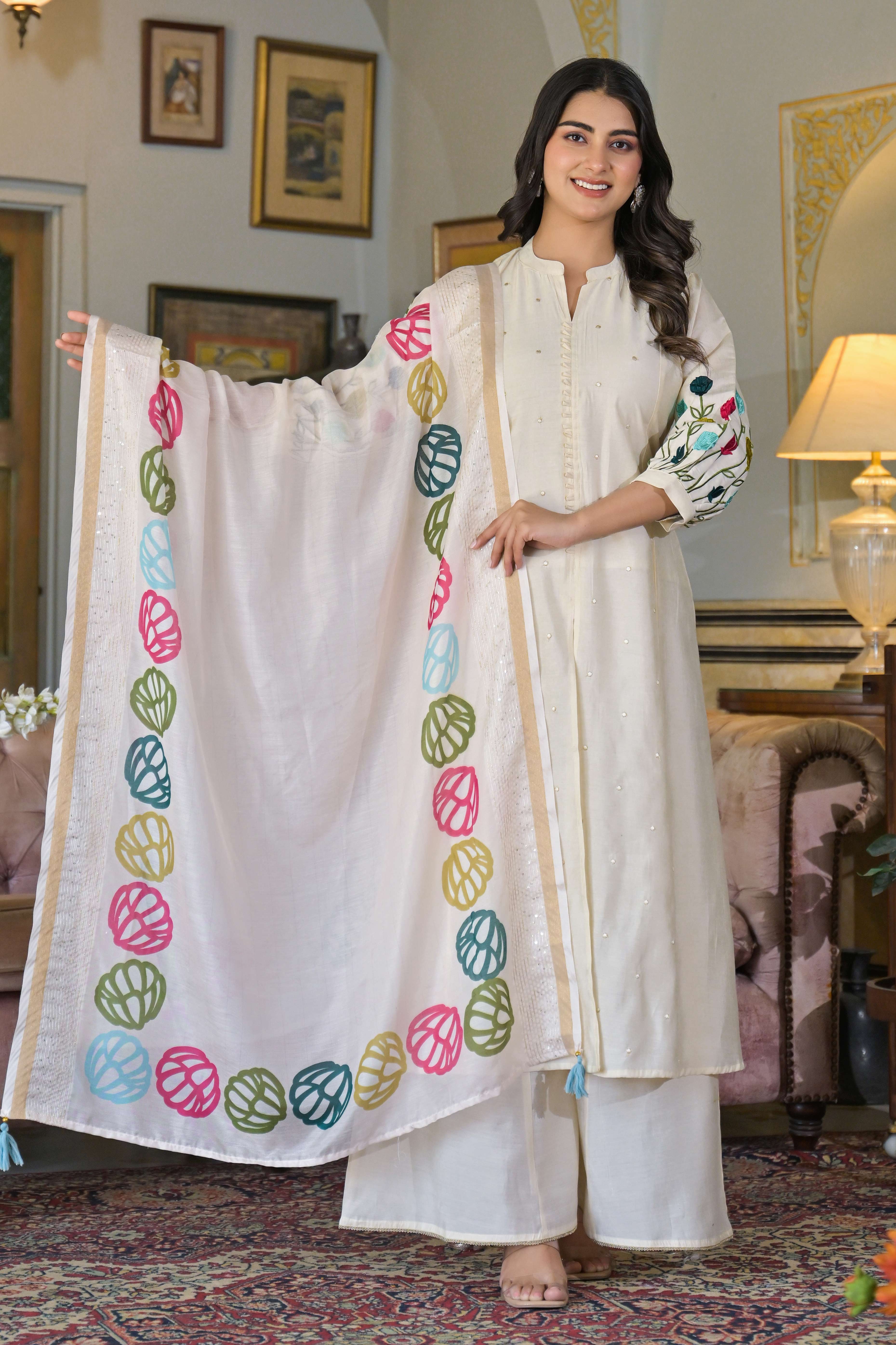 Cream Thread Embroidered Chanderi A-Line Salwar Suit