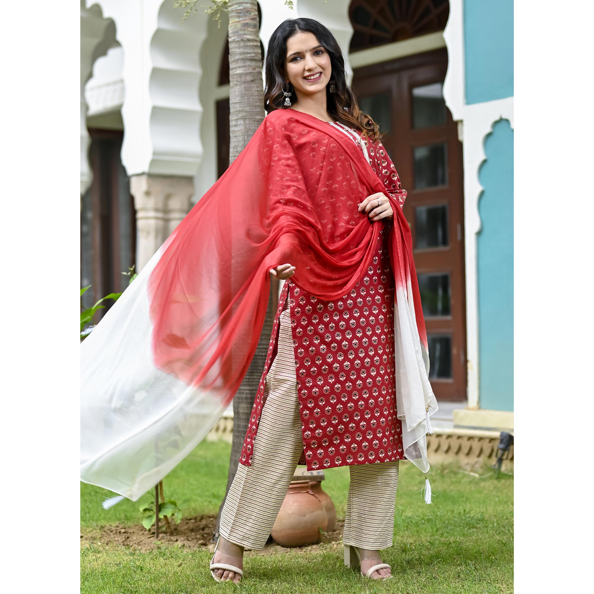 Maroon Floral Foil Printed Pure Cotton Suit