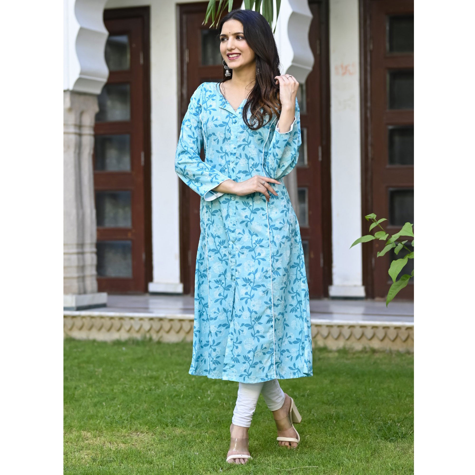 Blue Floral Printed Pure Cotton Kurti