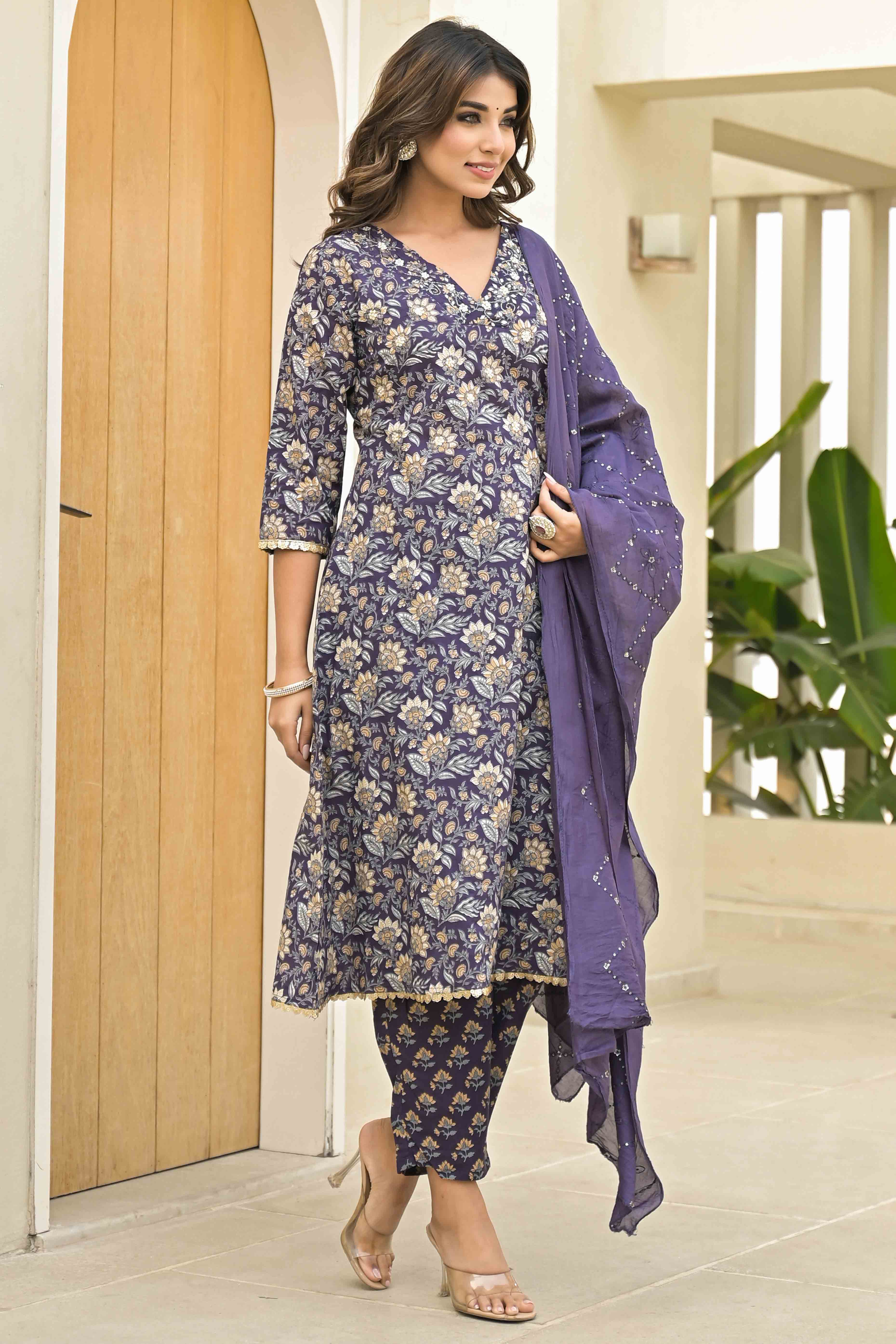 Wine Floral Printed Pure Cotton A-Line Salwar Suit