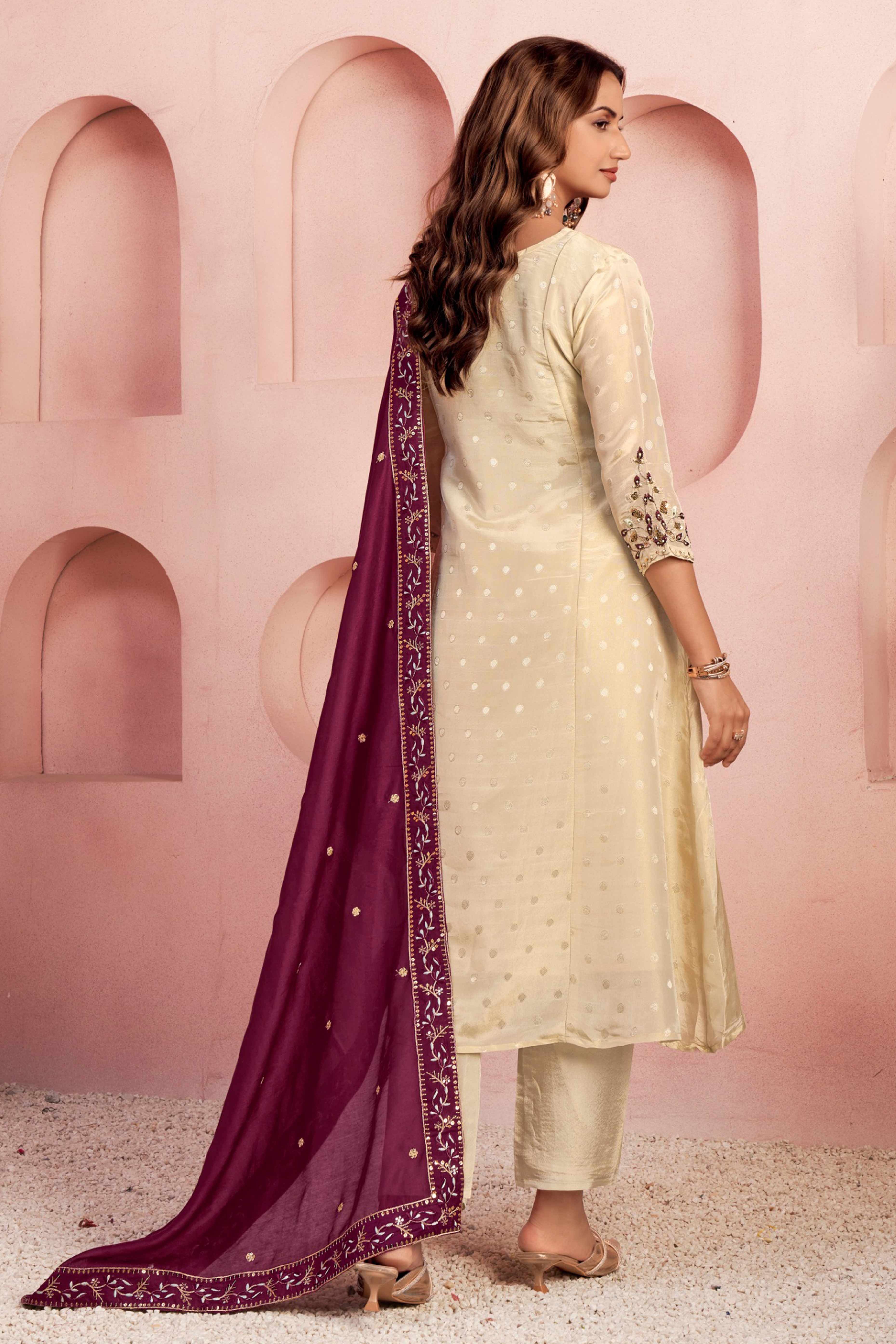 Embroidered Off White Salwar Suit in Pure Viscose with Shimmering Beads Highlights