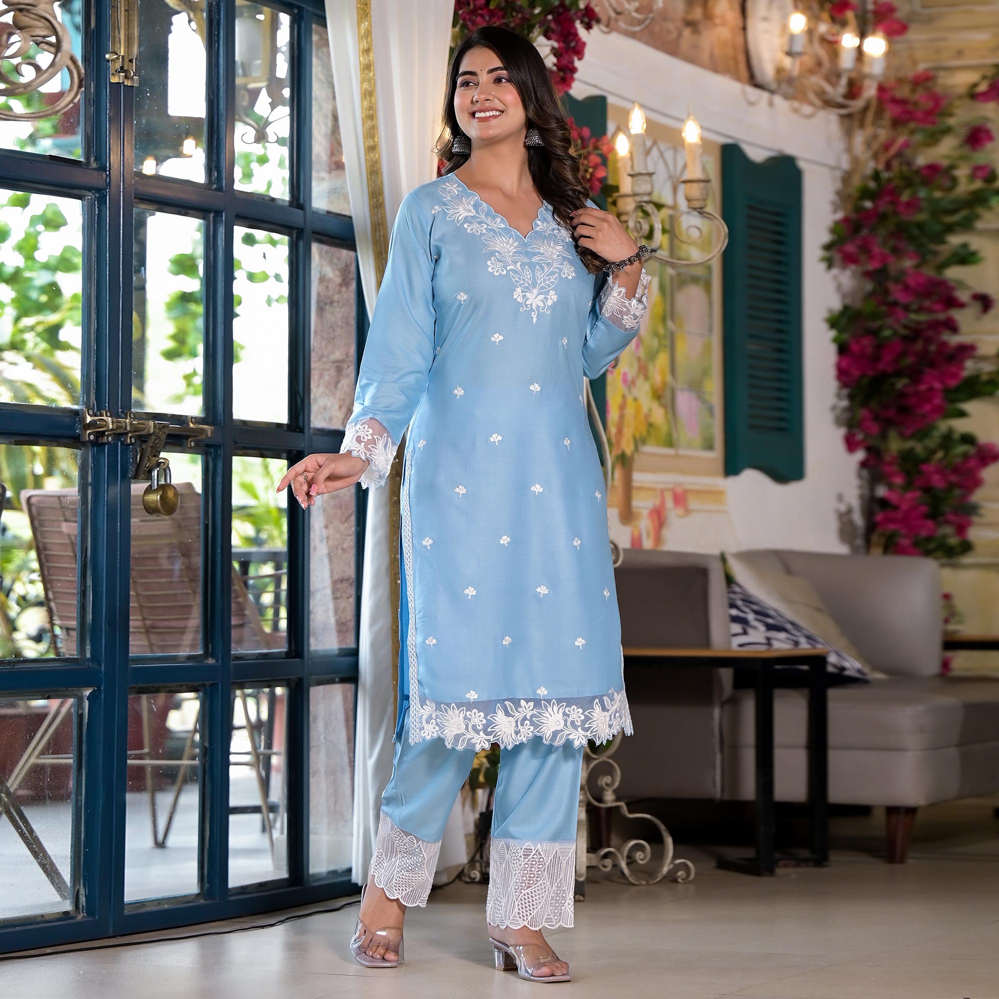 Blue Embroidered Rayon Straight Kurti Sets