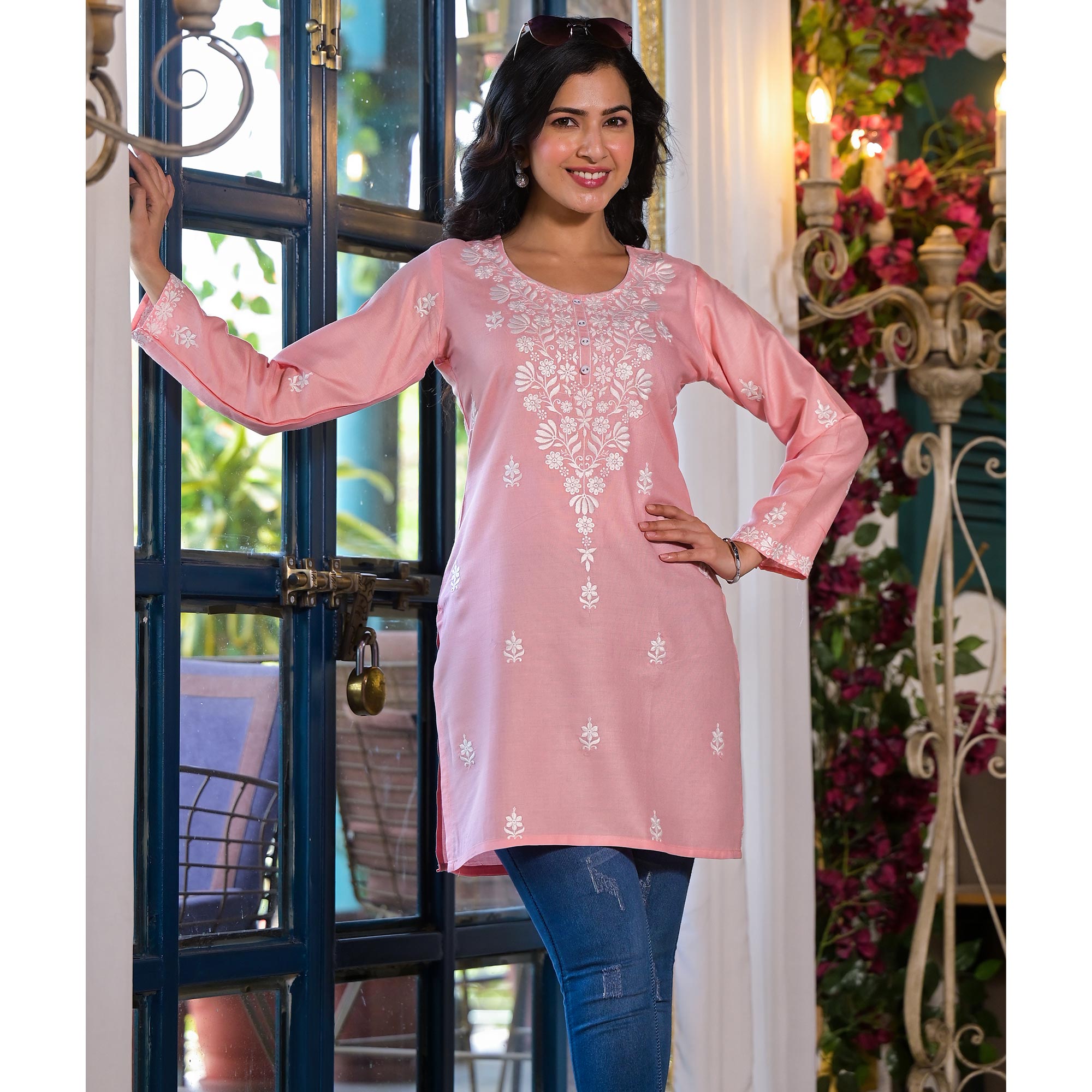 Peach Embroidered Rayon Straight Top