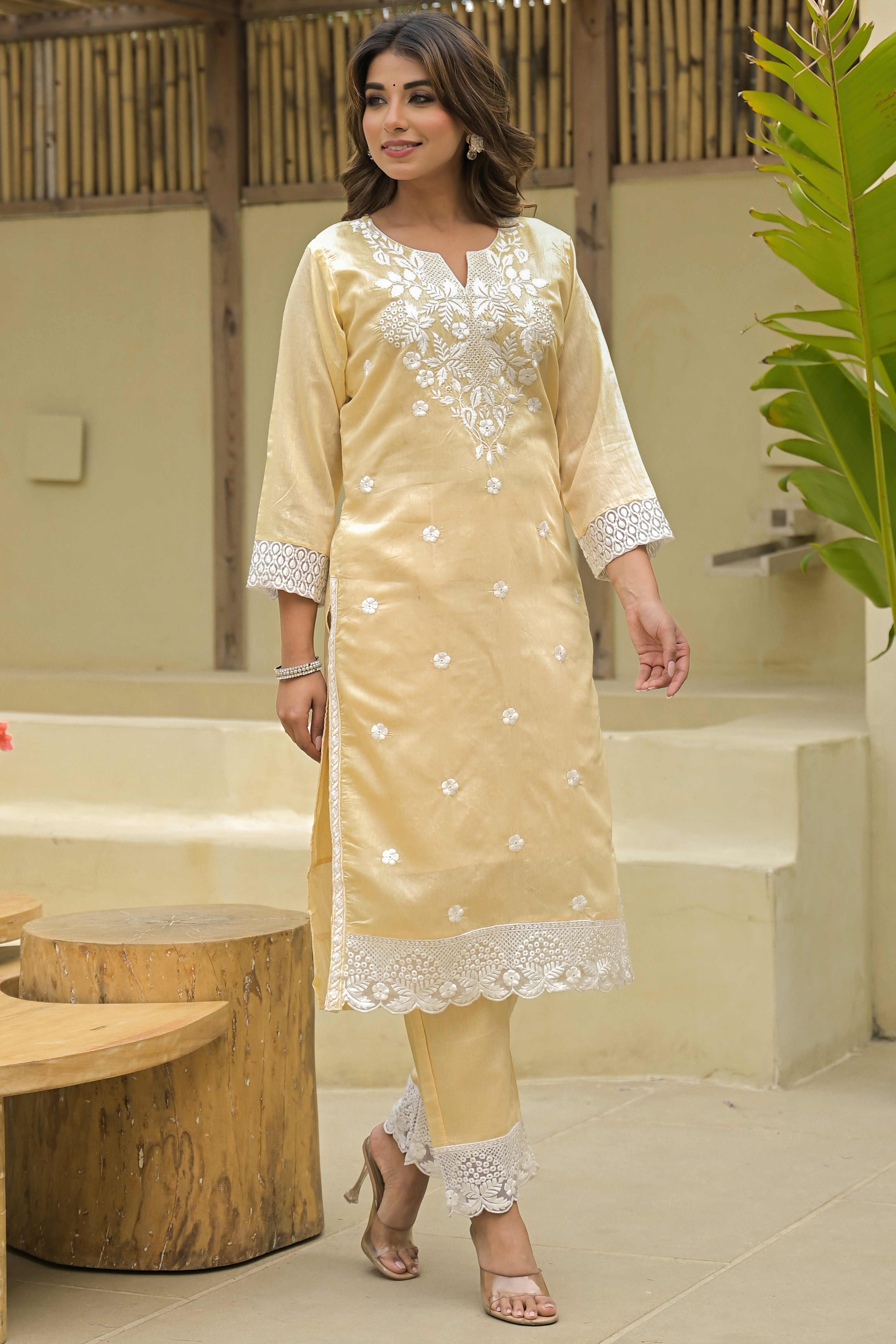 Chikoo Floral Embroidered Chanderi Kurti Pant Set