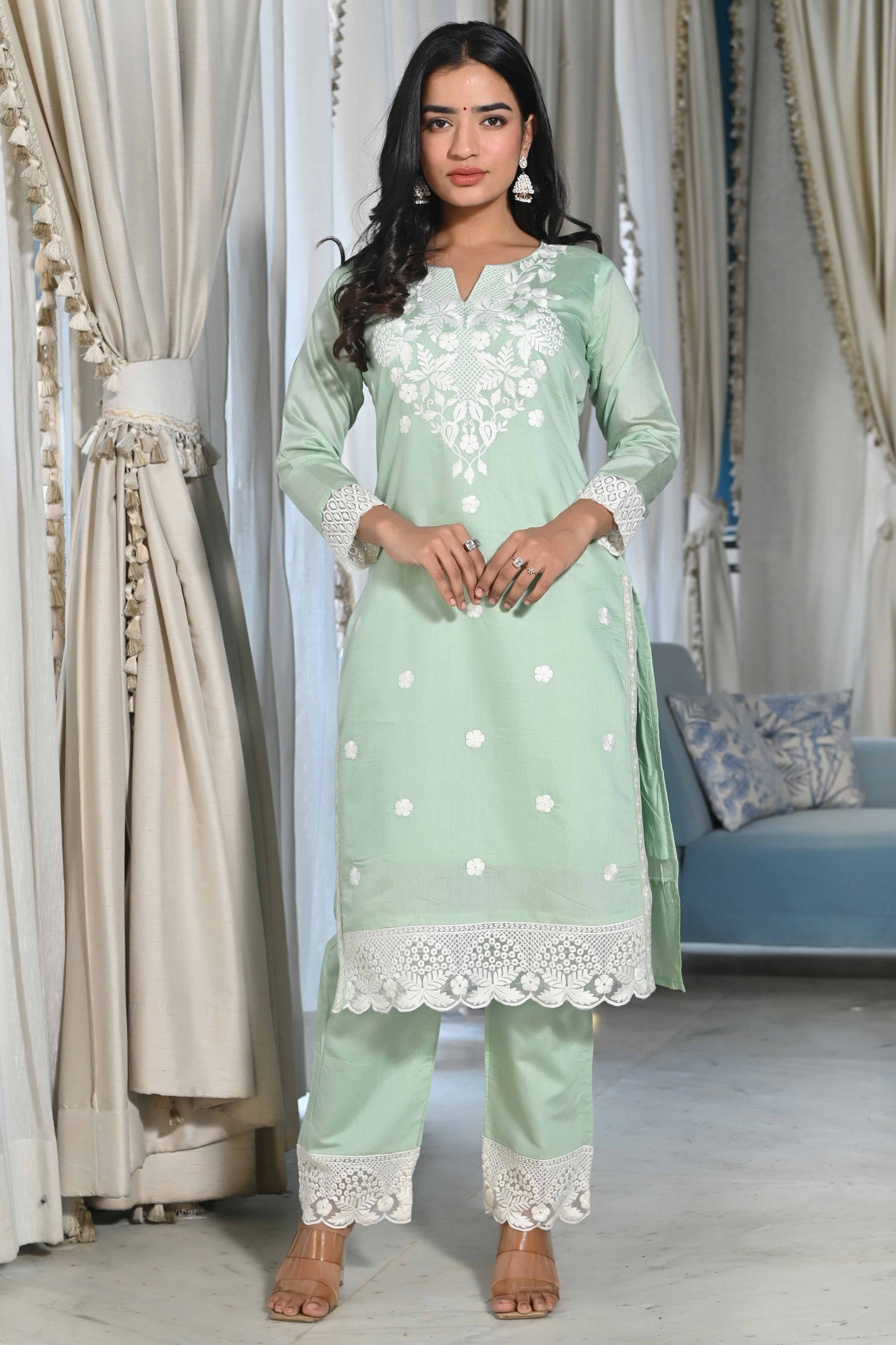 Sea Green Floral Embroidered Chanderi Kurti Pant Set