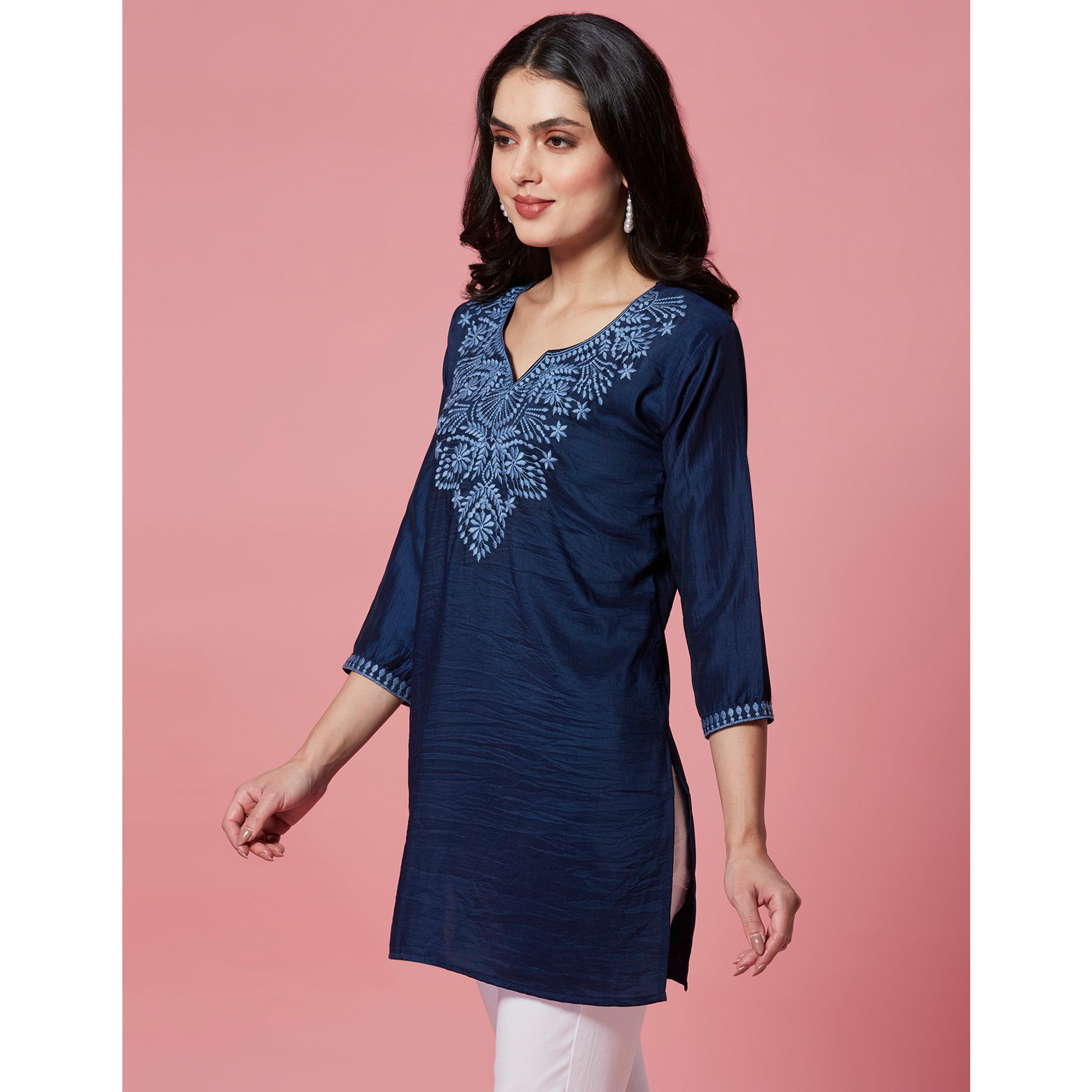 Dark Blue Embroidered Cotton Blend Top