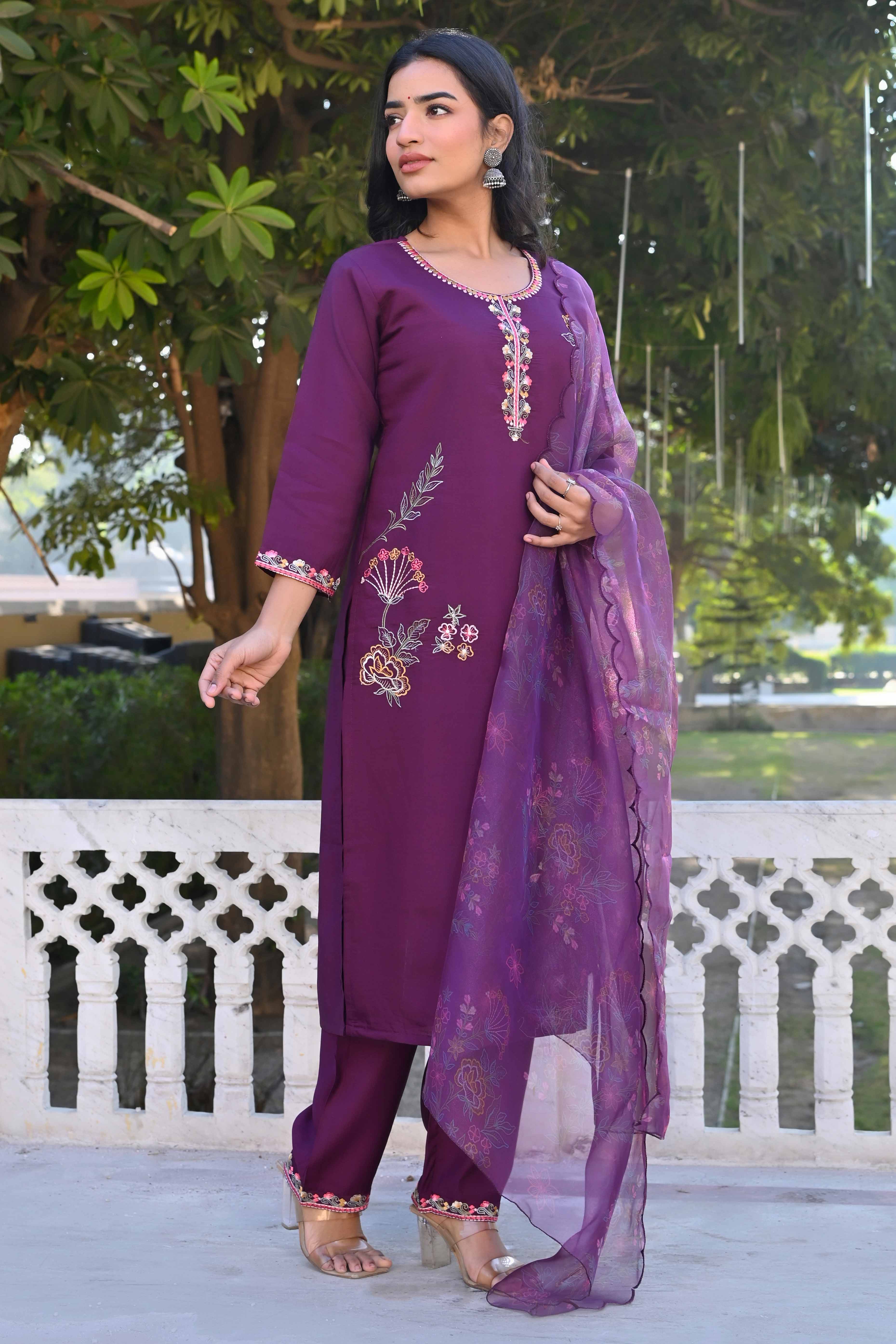 Dark Purple Floral Hand Work Viscose Straight Salwar Suit