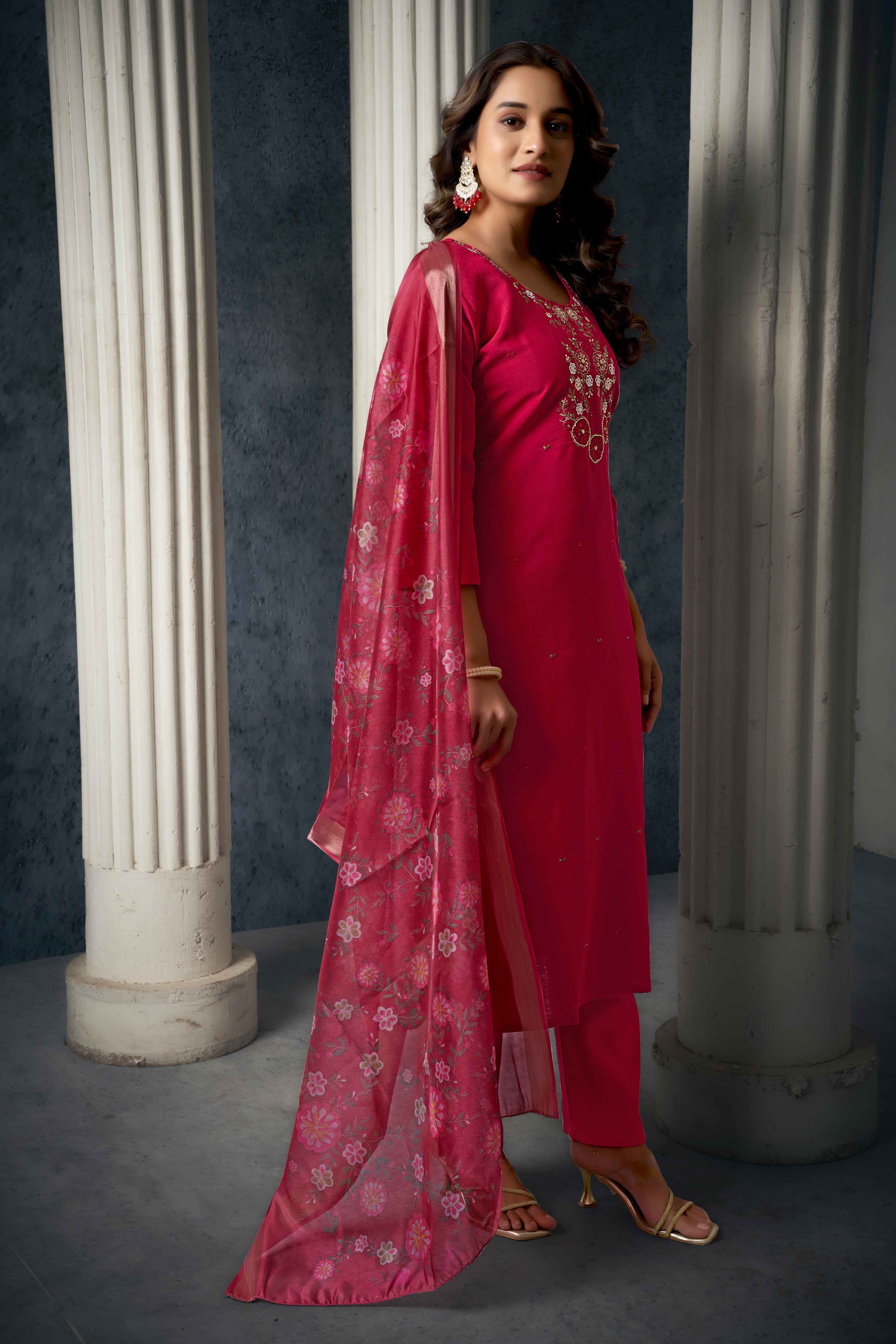 Red Hand Work Embroidered Viscose Slub Silk Straight Salwar Suit