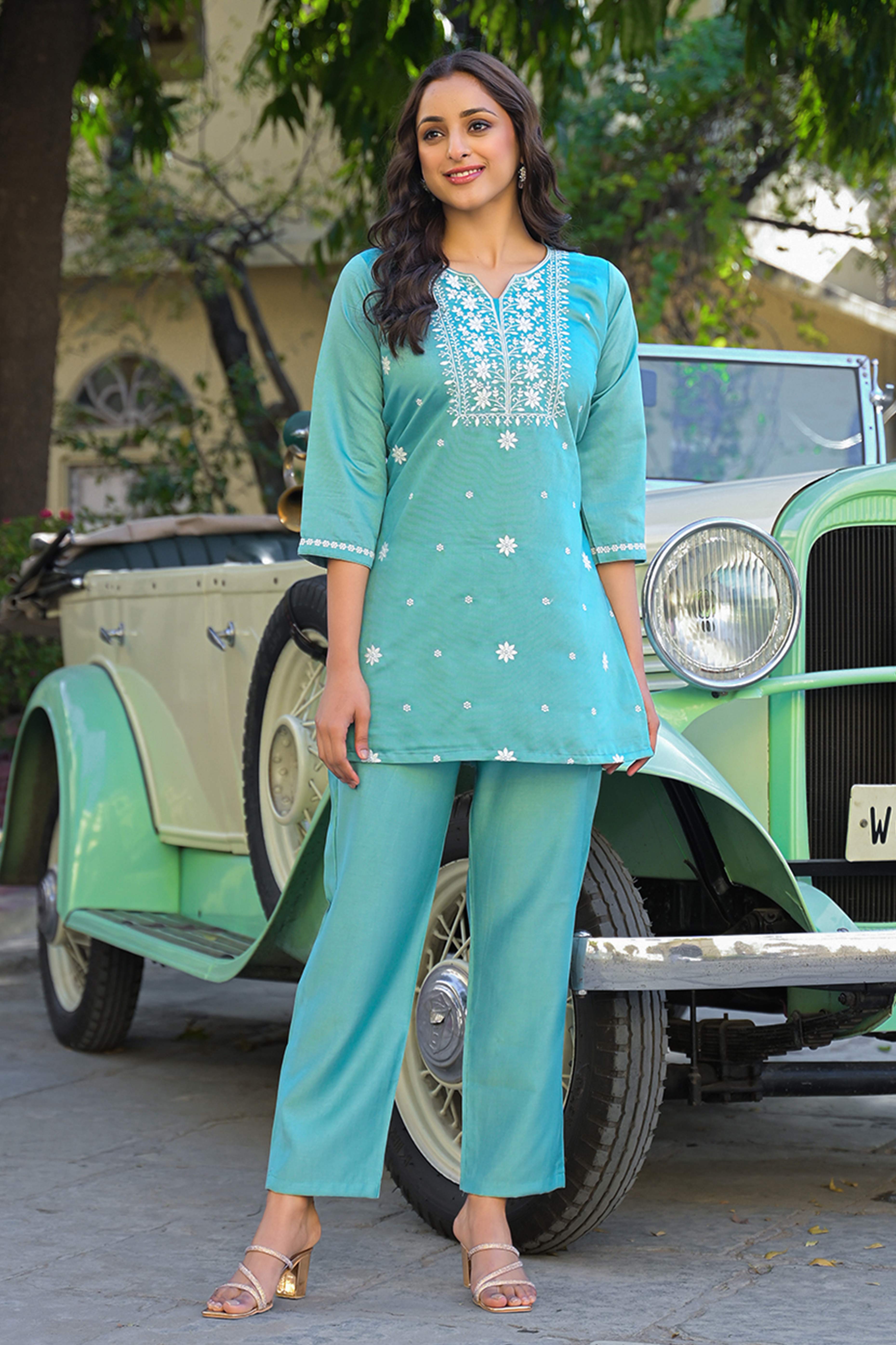 Mint Green Floral Embroidered Viscose Gadwal Silk Top Bottom Set