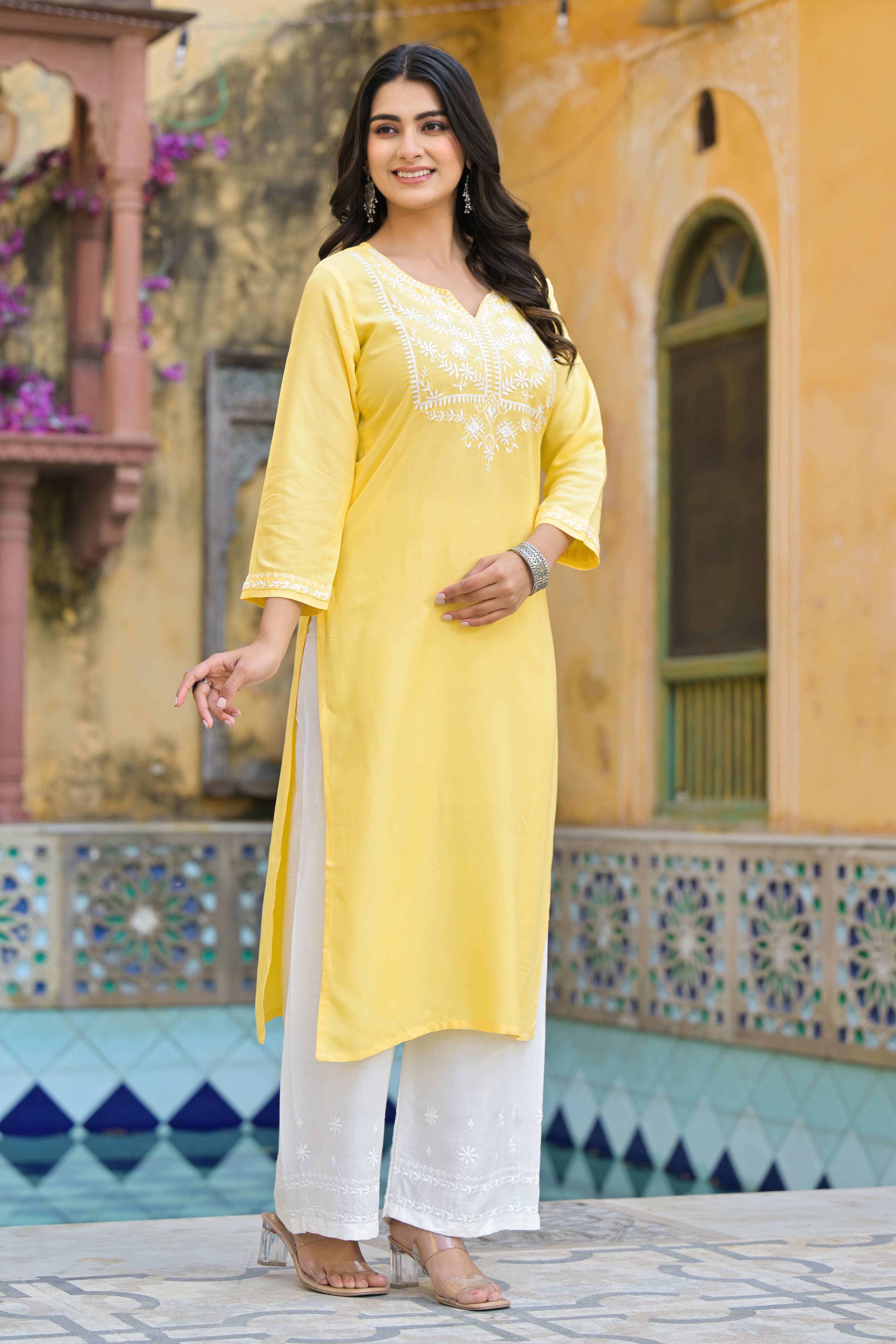 Yellow Floral Embroidered Viscose Rayon Straight Top Bottom Set