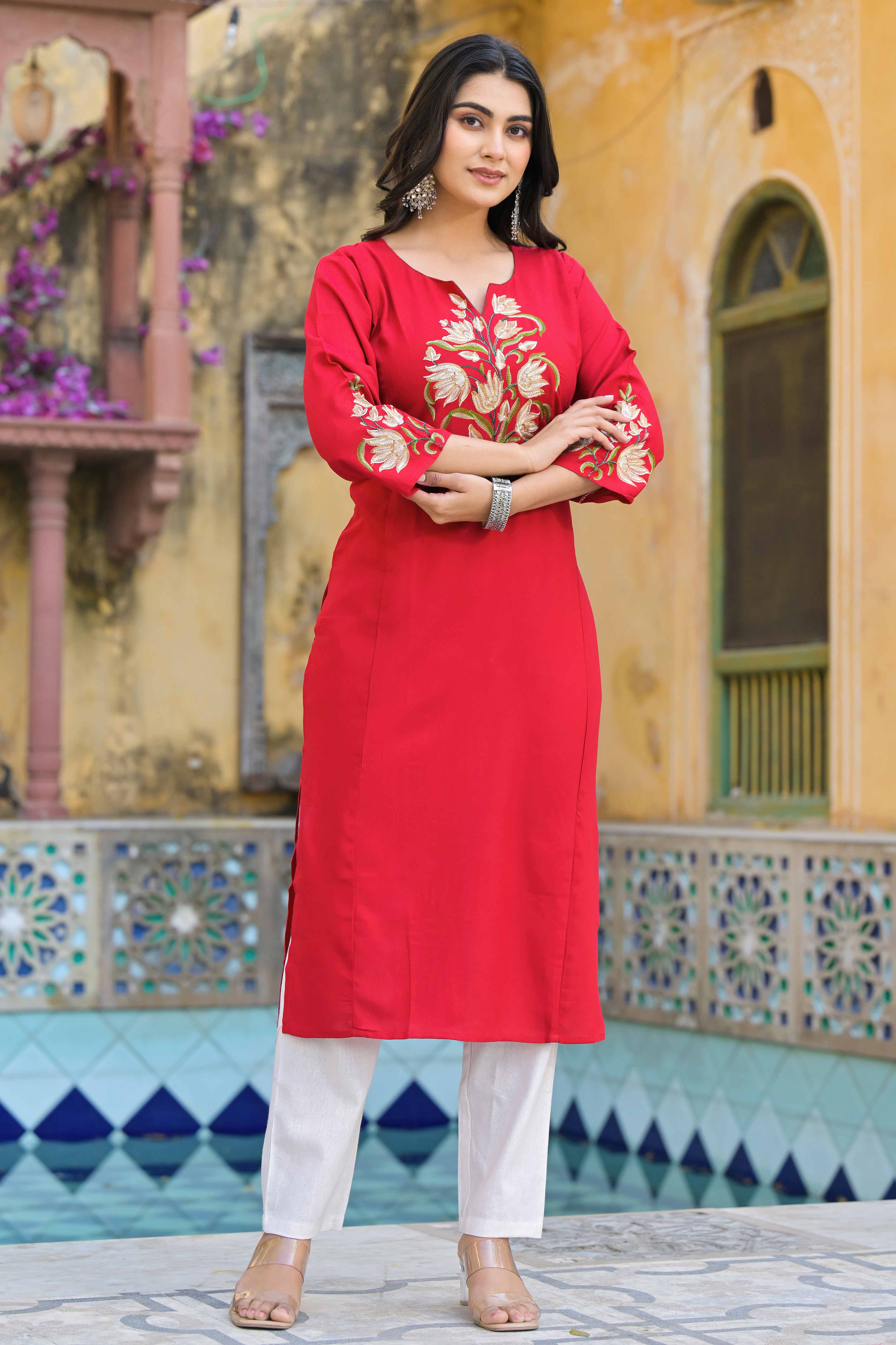 Red Floral Embroidered Viscose Rayon Straight Kurti