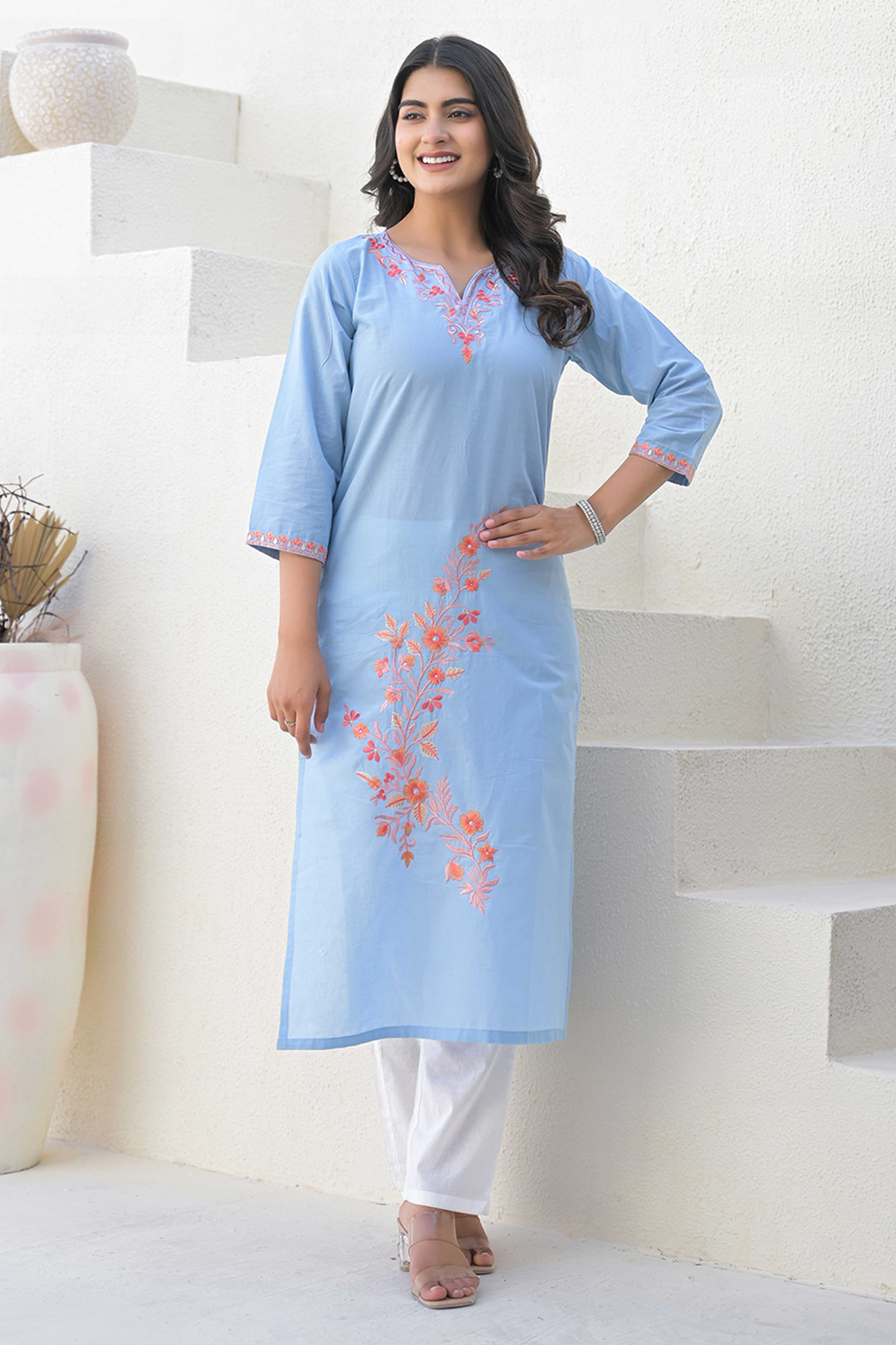 Light Blue Pure Cotton Kurti with Floral Embroidery