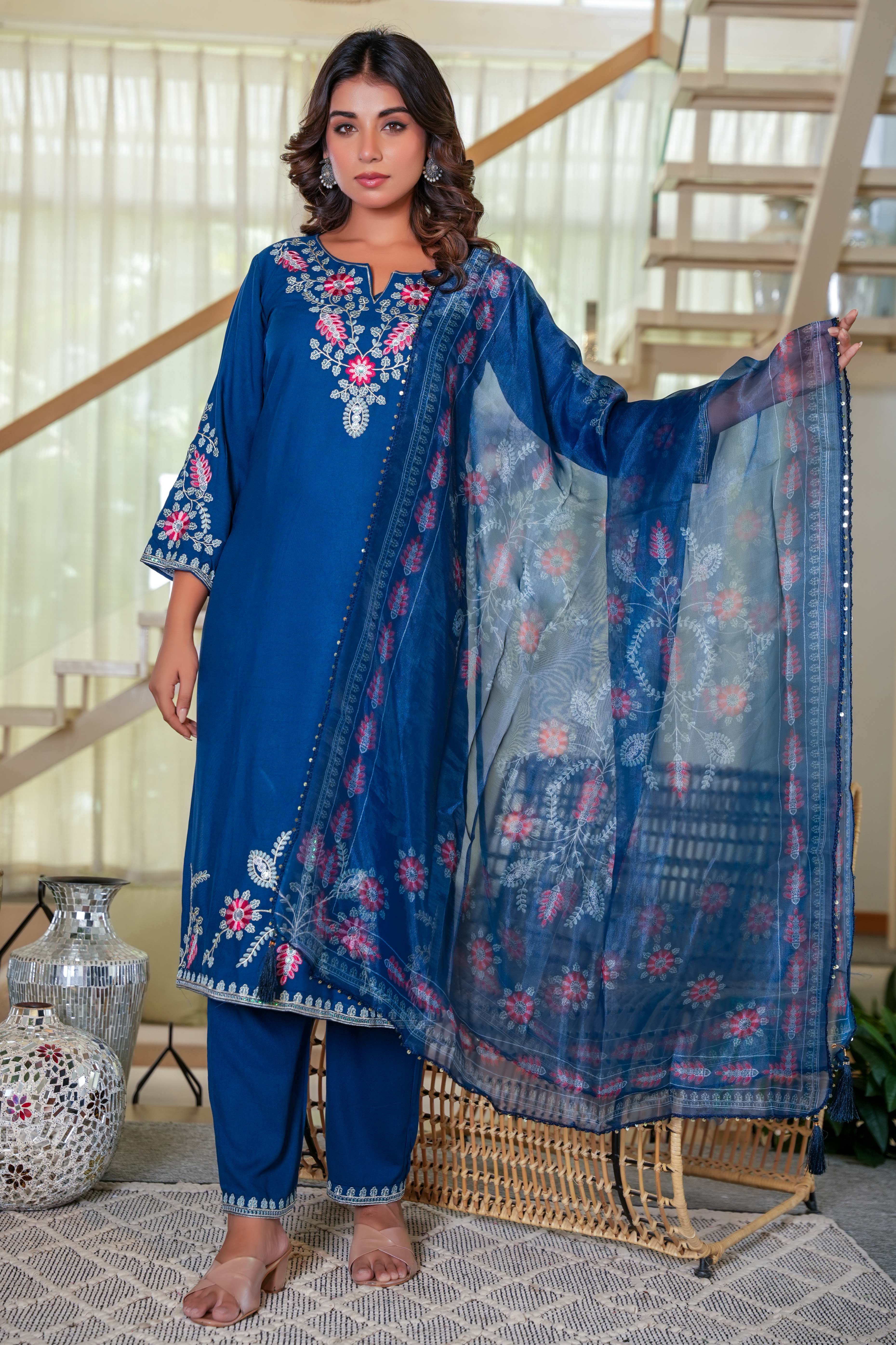 Navy Blue Heavy Viscose Rayon Straight Suit with Delicate Floral Embroidery for Graceful Style