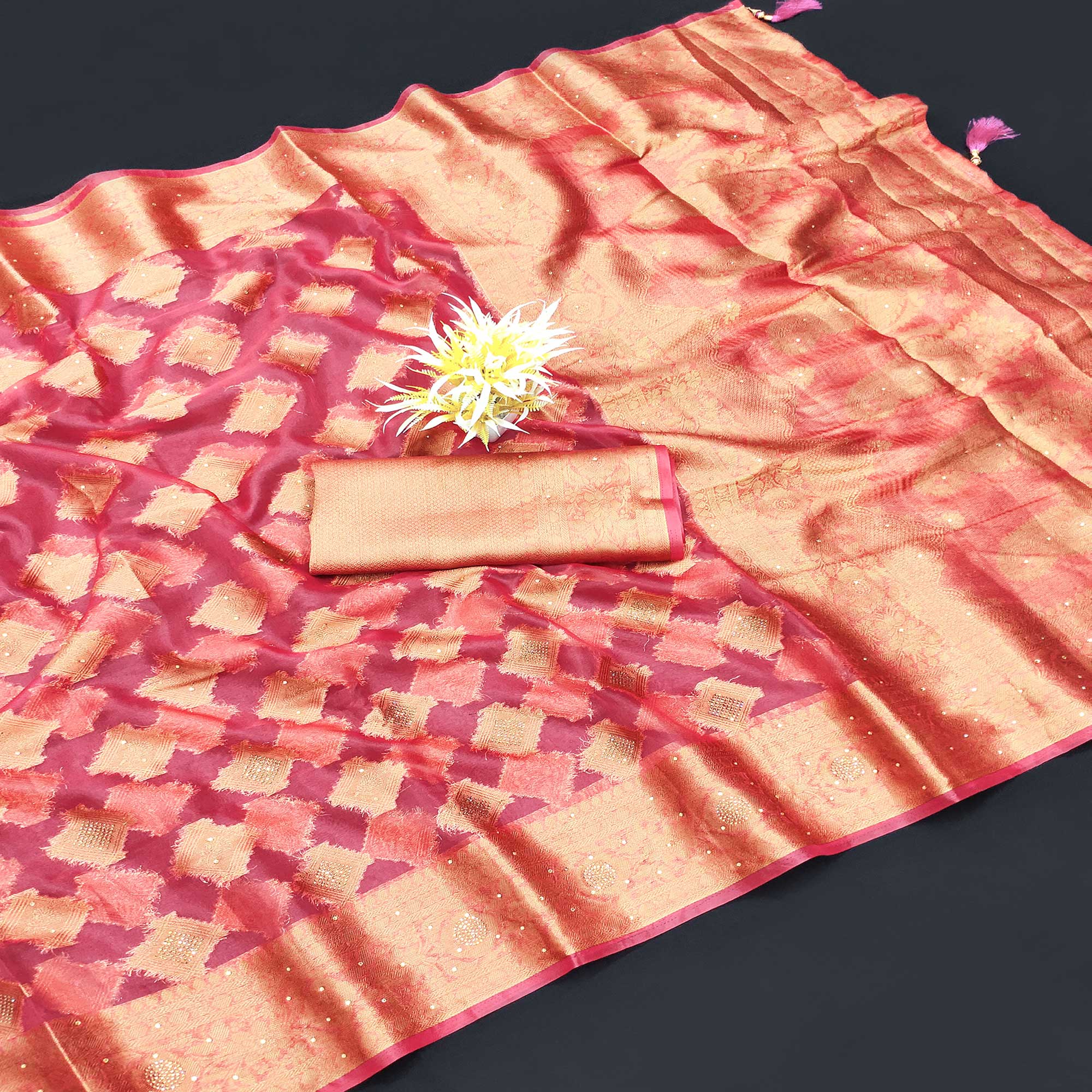 Rani Pink Woven With Stonework Organza Jacquard Saree