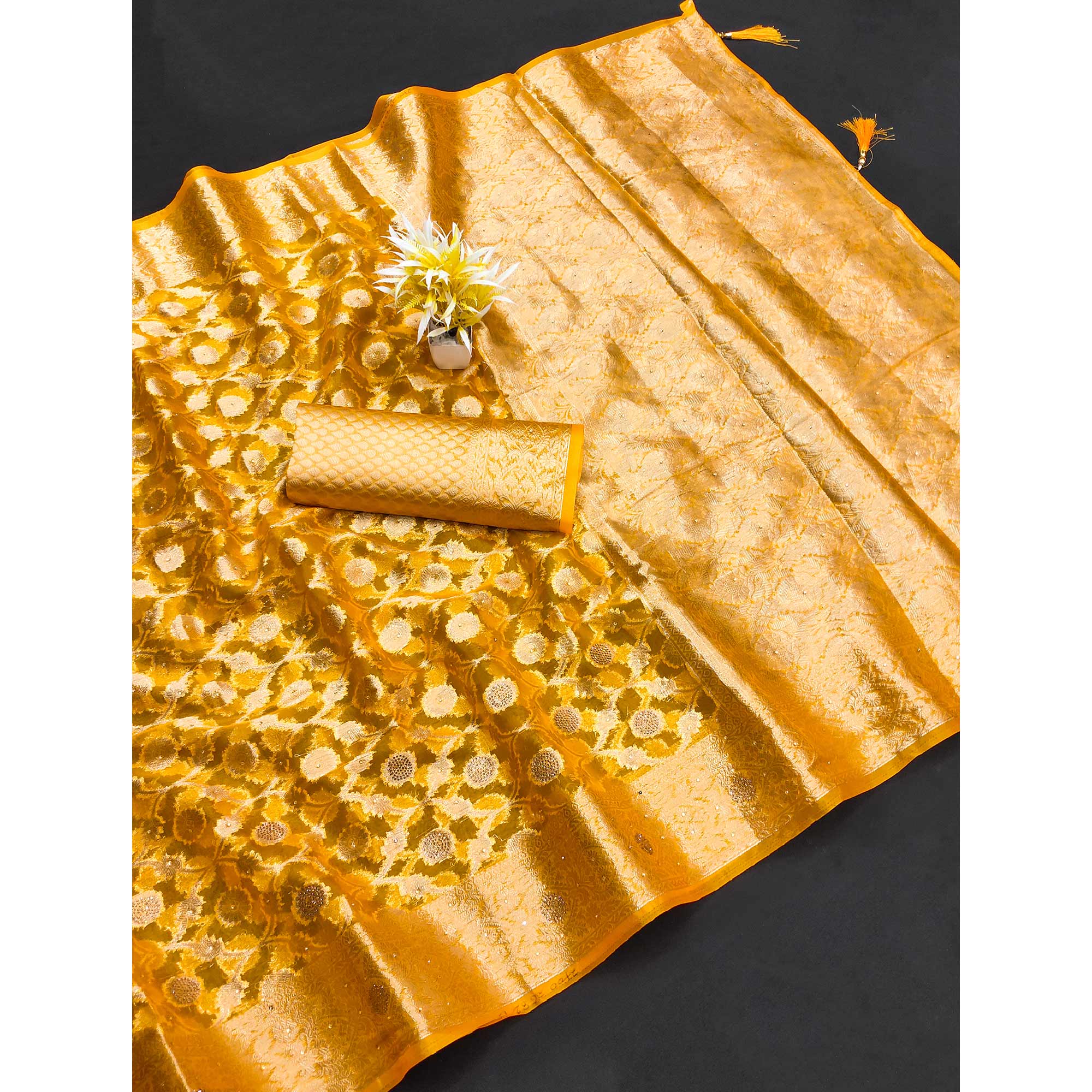 Yellow Stone Work Woven Organza Jacquard Saree