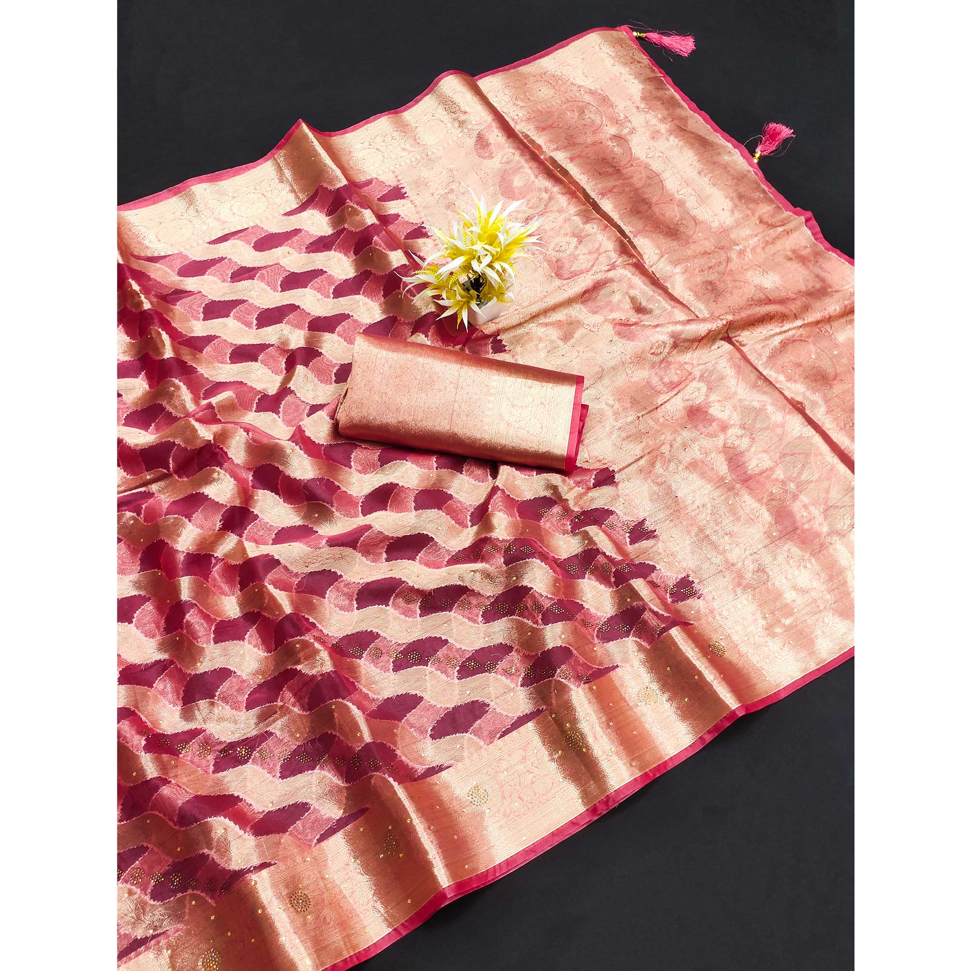 Pink Stone Work Woven Organza Jacquard Saree