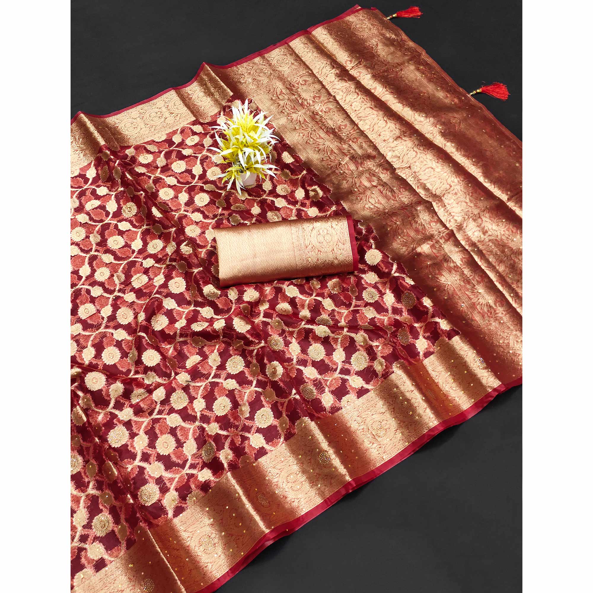 Red Stone Work Woven Organza Jacquard Saree