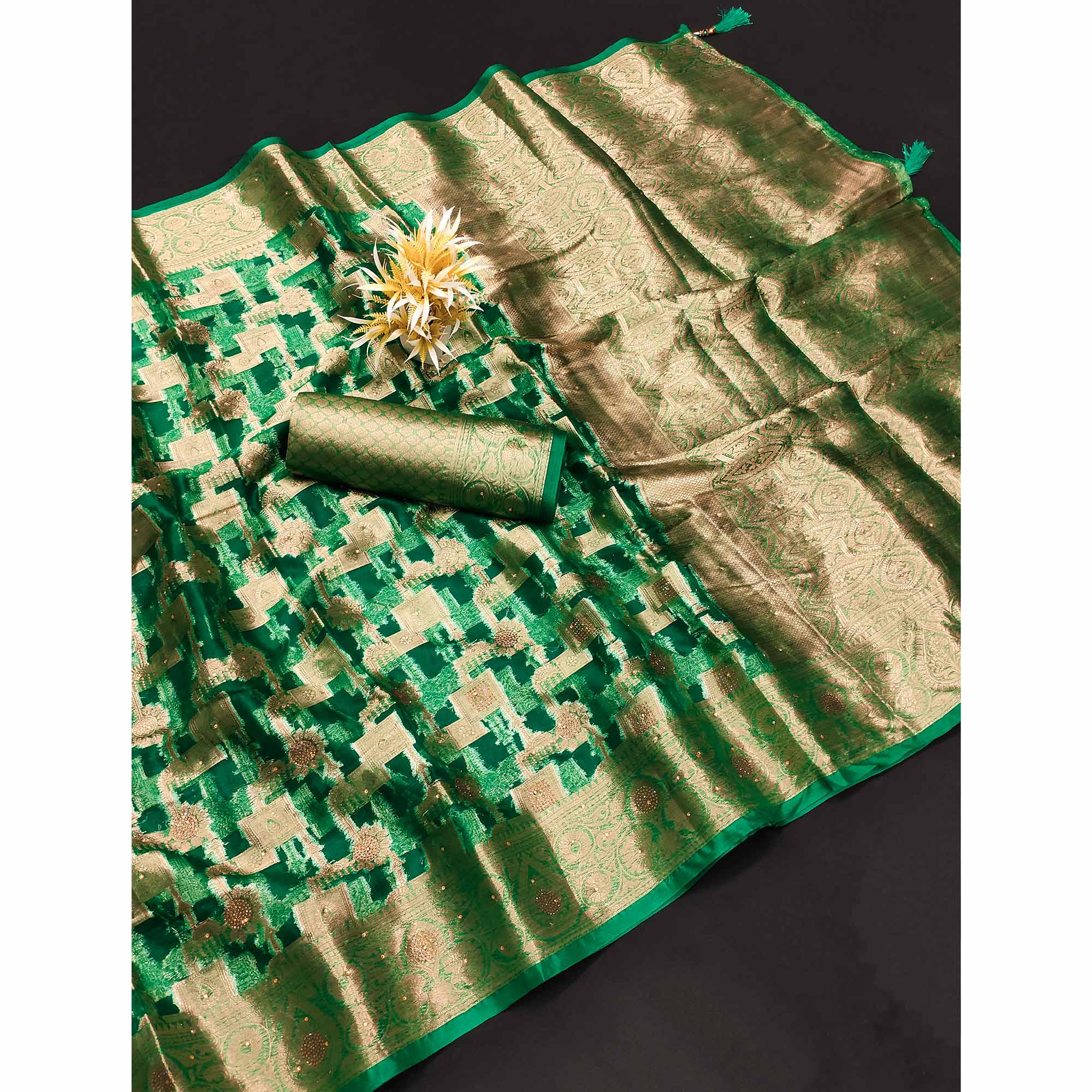 Green Stone Work Woven Organza Jacquard Saree
