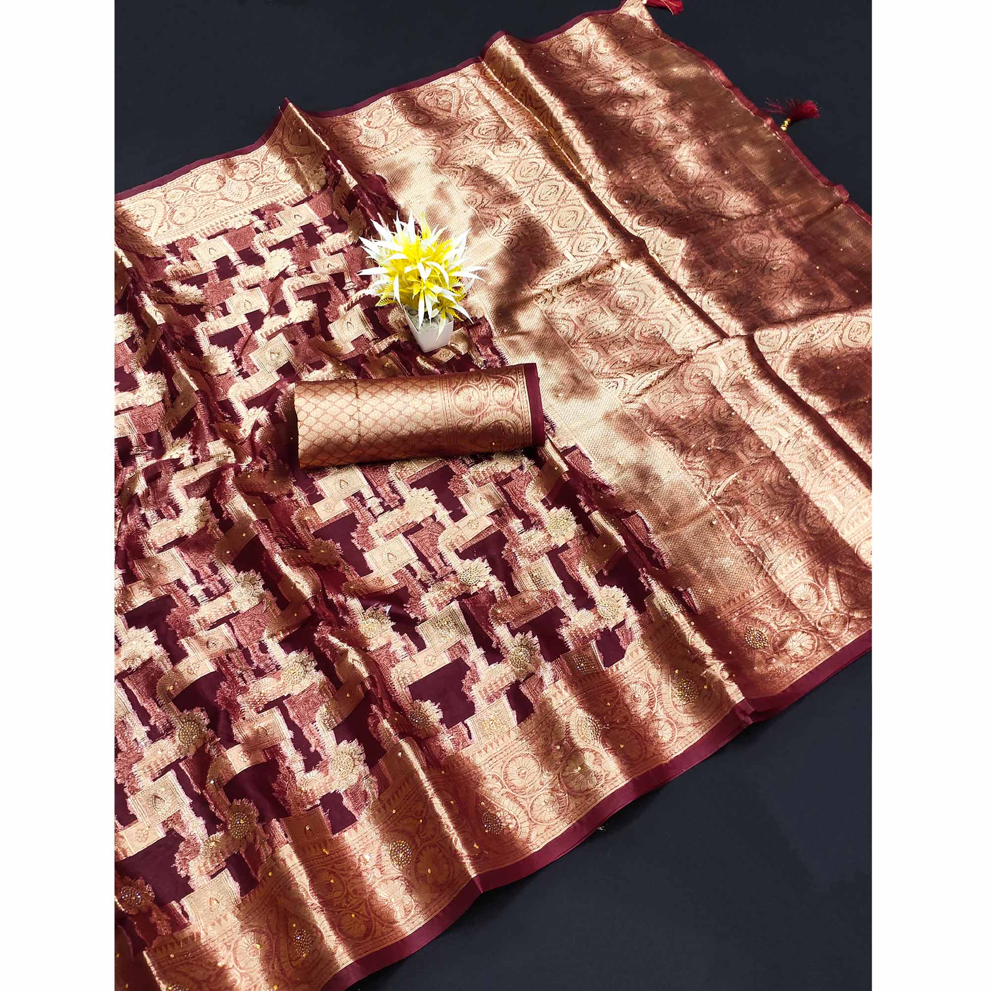 Wine Stone Work Woven Organza Jacquard Saree