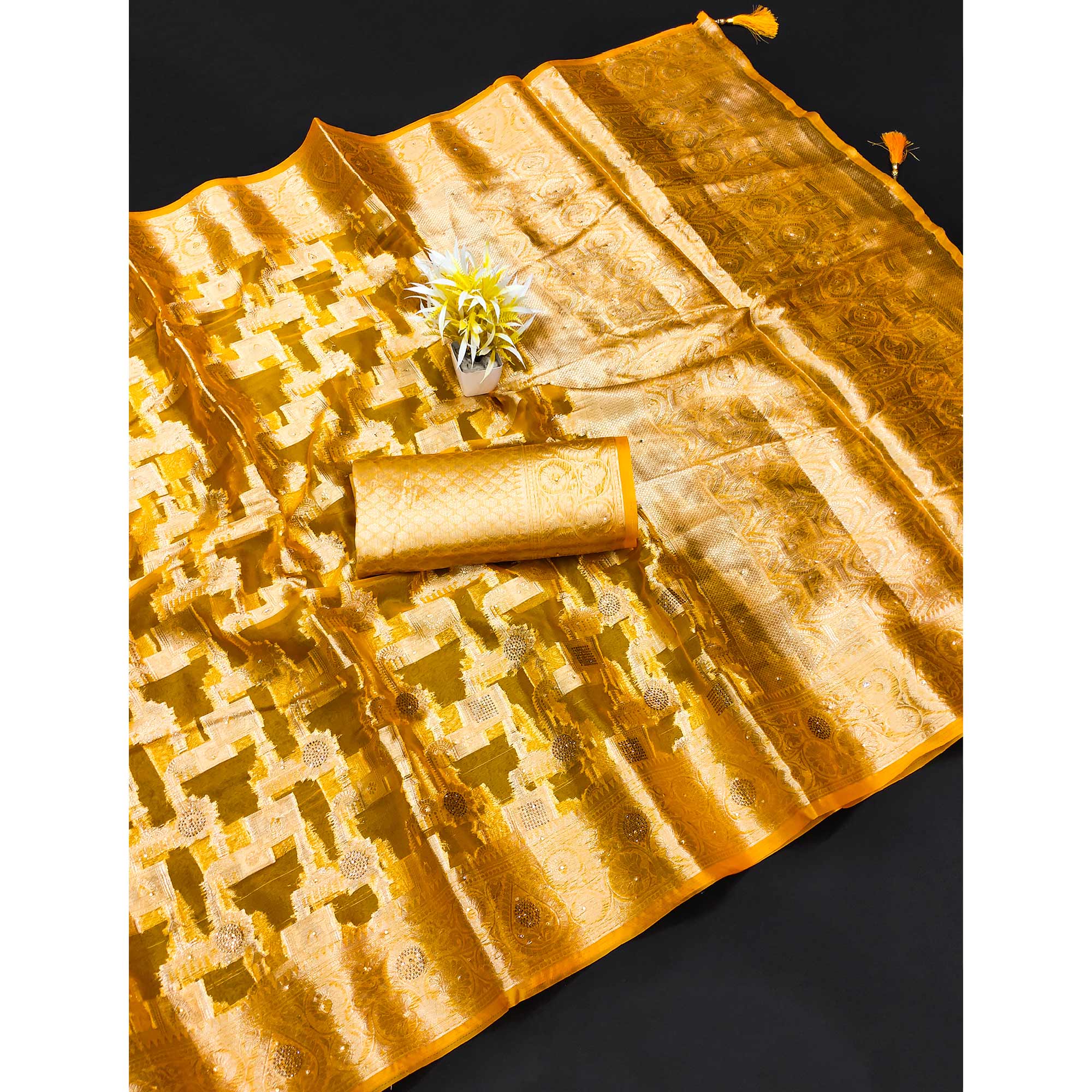 Mustard Stone Work Woven Organza Jacquard Saree