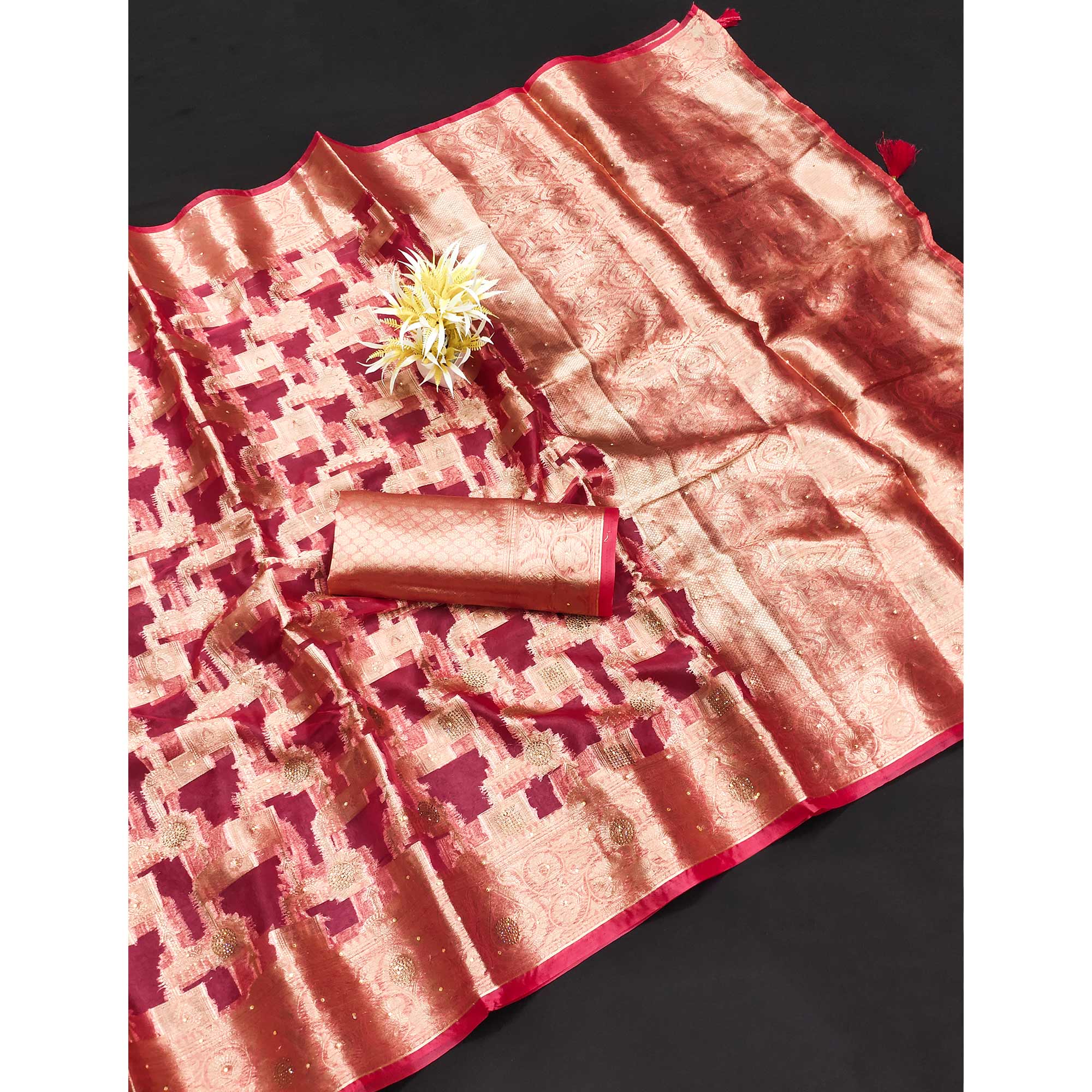 Pink Stone Work Woven Organza Jacquard Saree