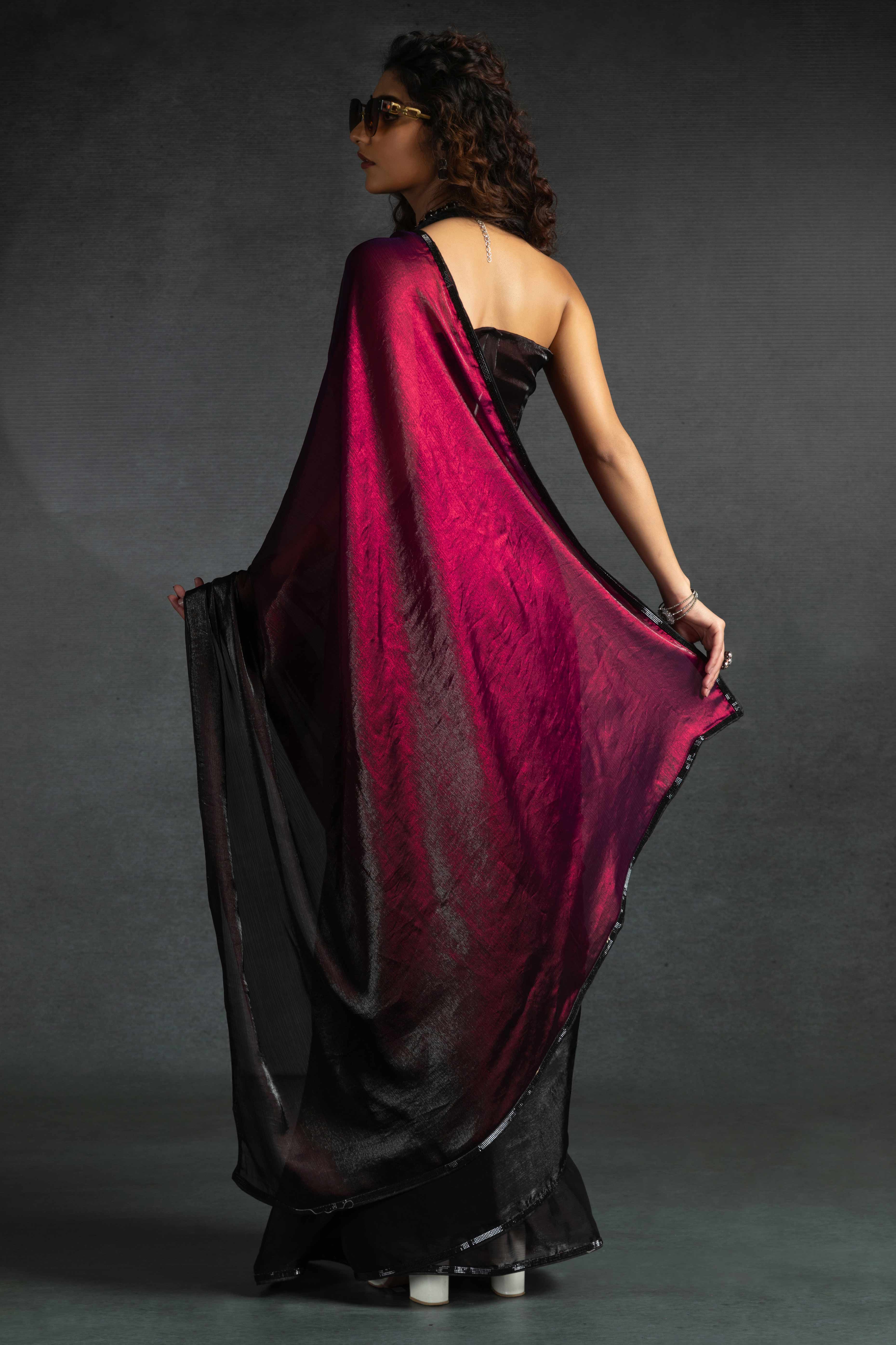 Cherry Red Satin Ready To Wear Saree with Soft Ombre Tones and Intricate Stone Border