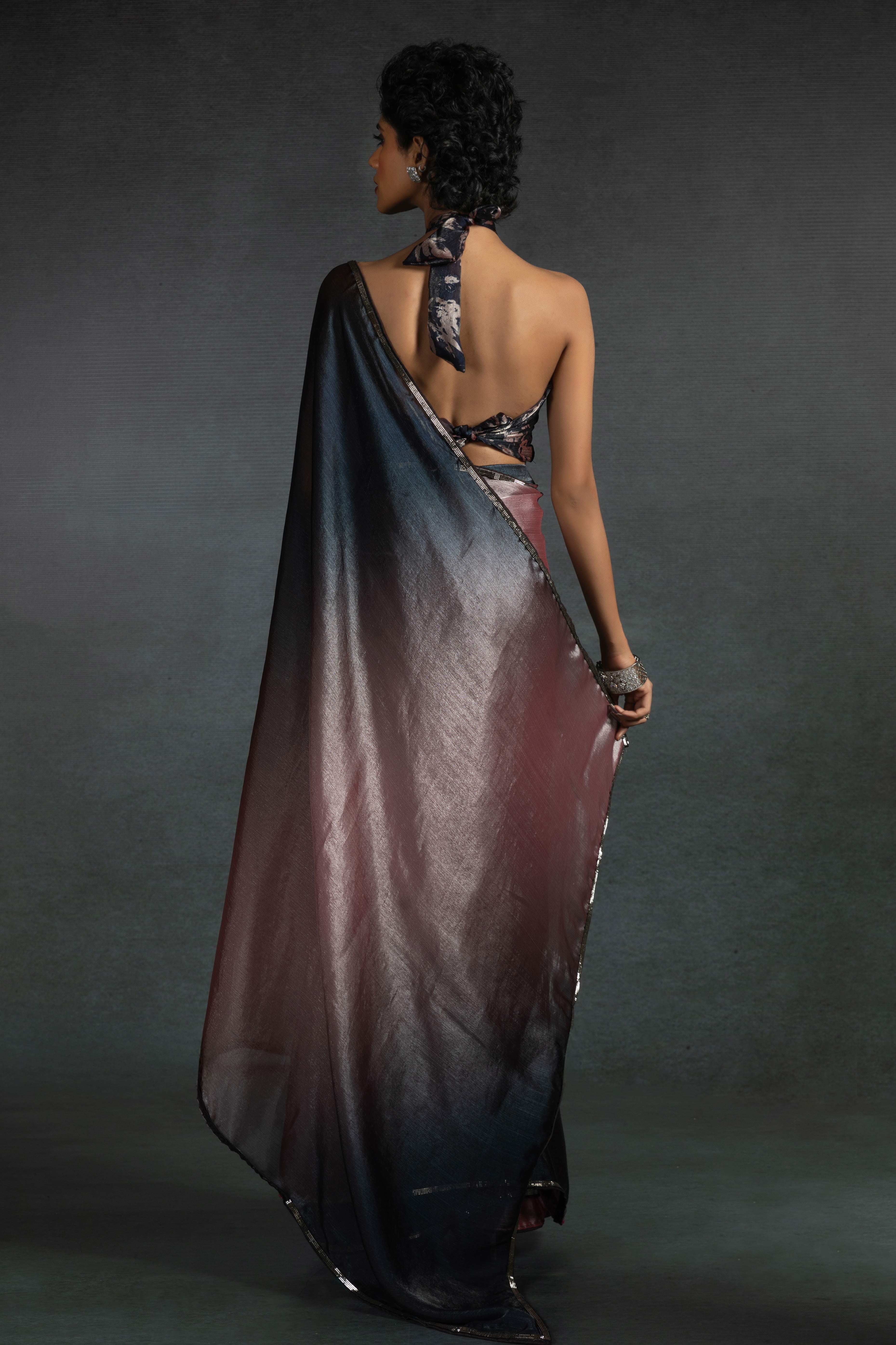 Onion Pink Solid With Stone Work Satin Silk Ombre Ready To Wear Saree