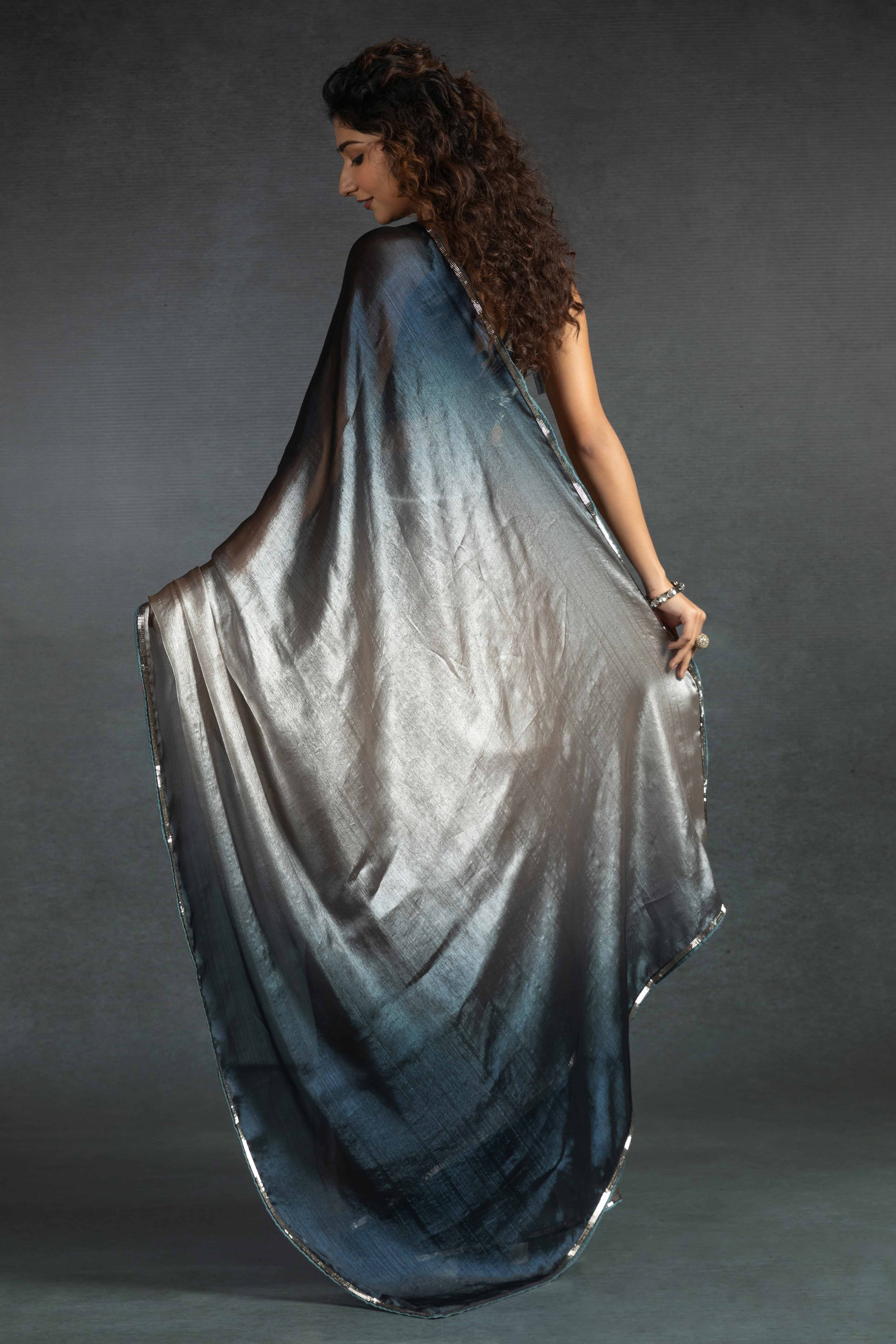 Brown Solid With Stone Work Satin Silk Ombre Ready To Wear Saree