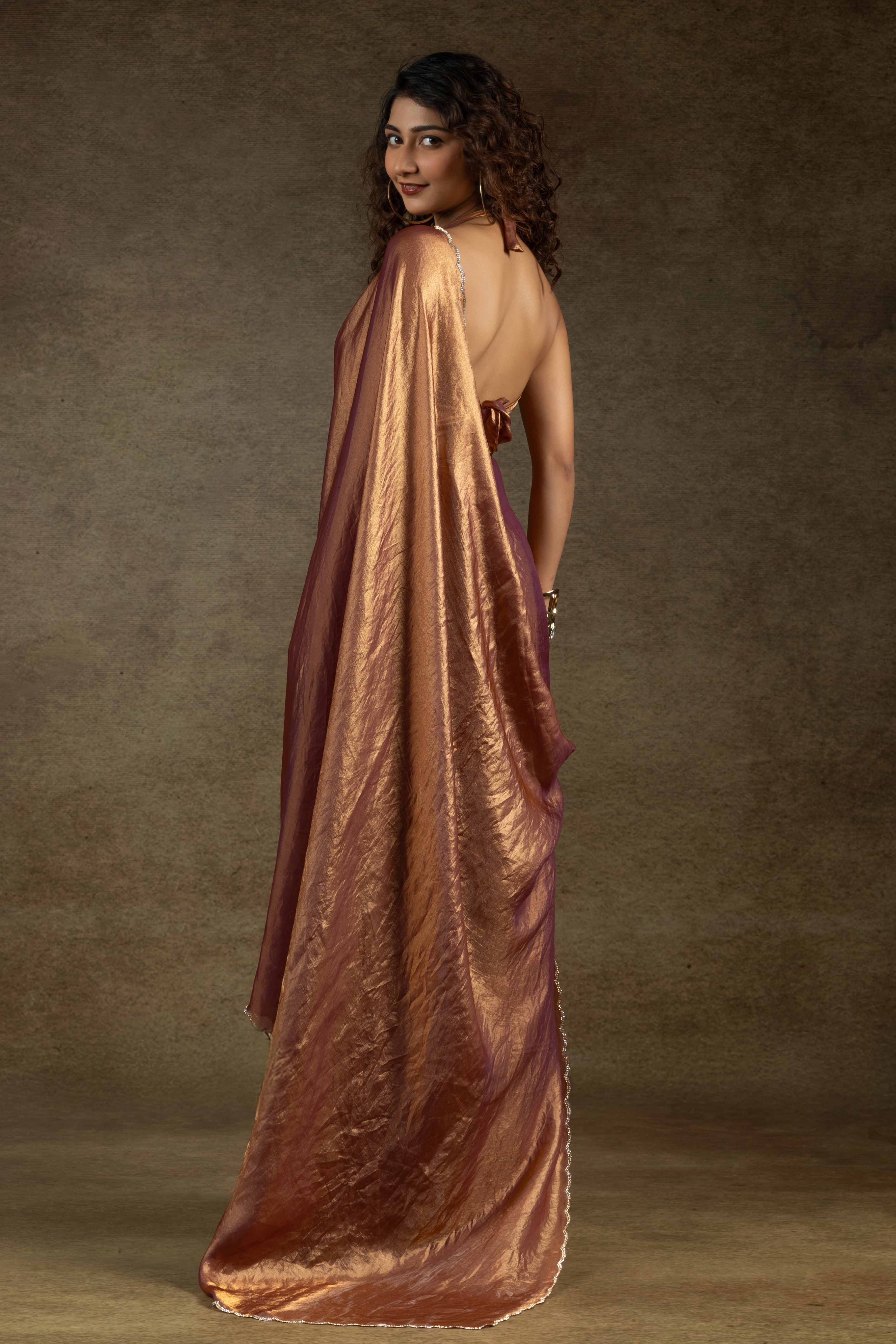 Brown Solid With Diamond Work Satin Ready To Wear Saree