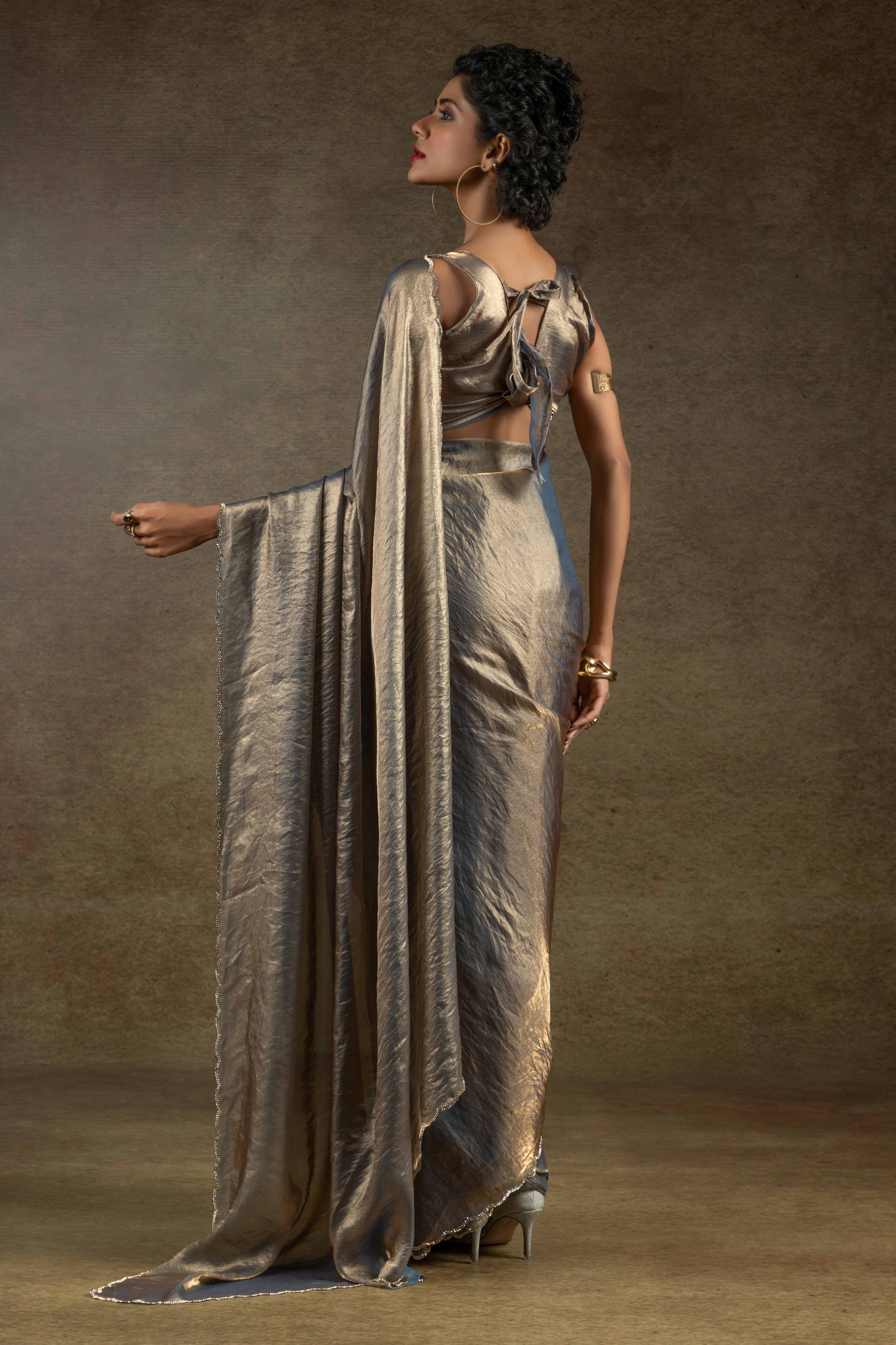 Lava Grey Solid With Diamond Work Satin Ready To Wear Saree