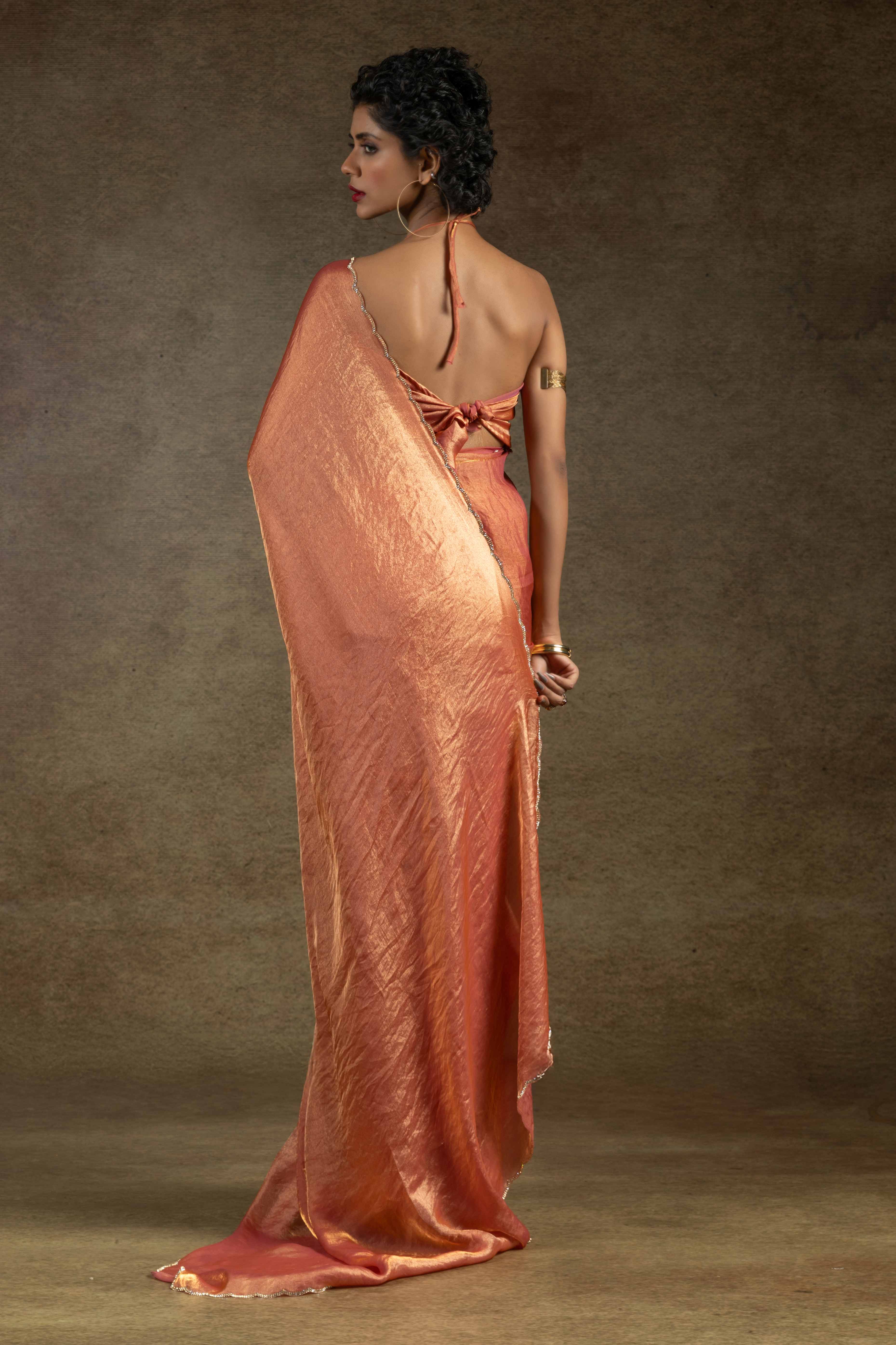 Orange Solid With Diamond Work Satin Ready To Wear Saree