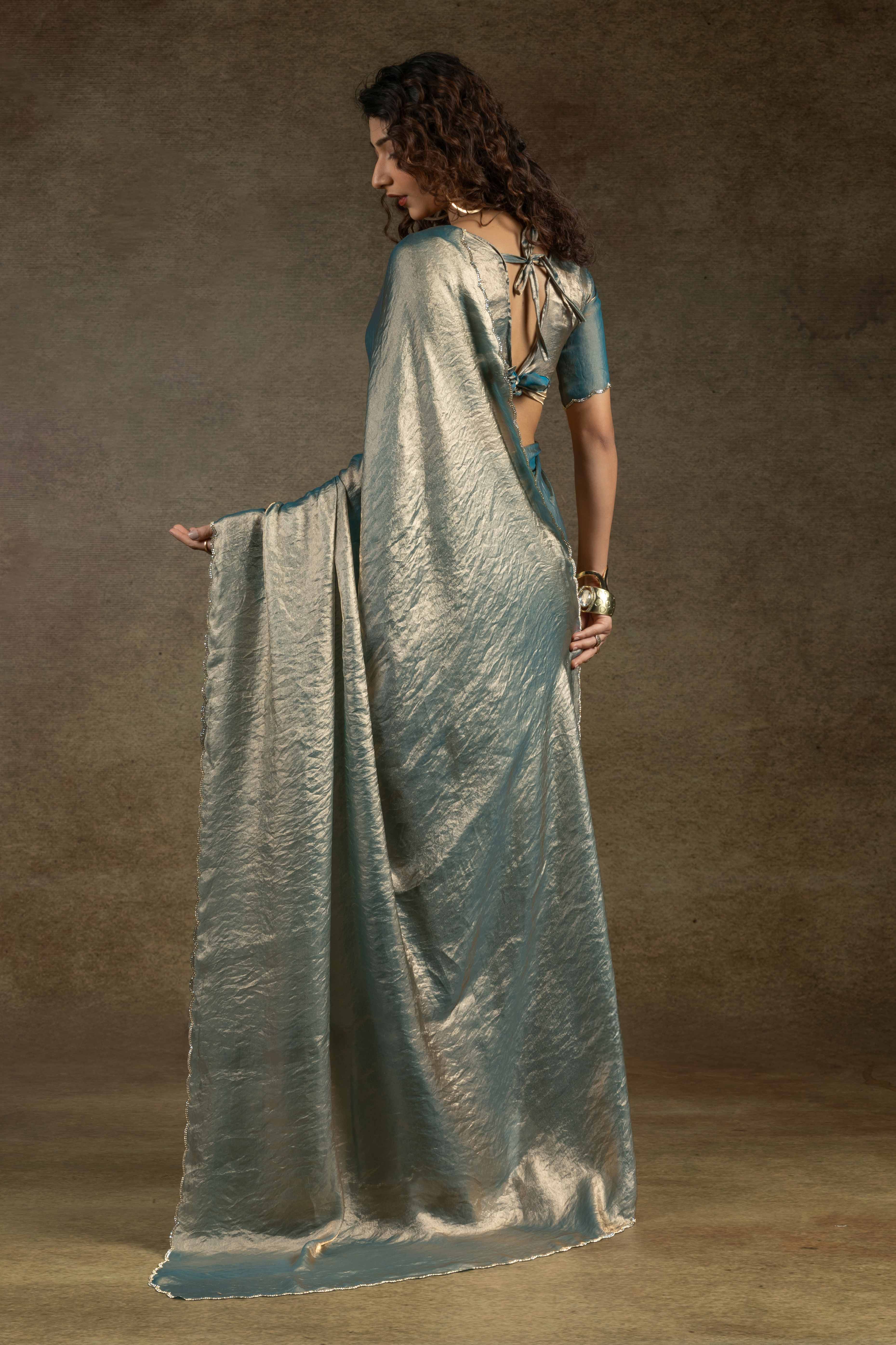 Sky Blue Solid With Diamond Work Satin Ready To Wear Saree
